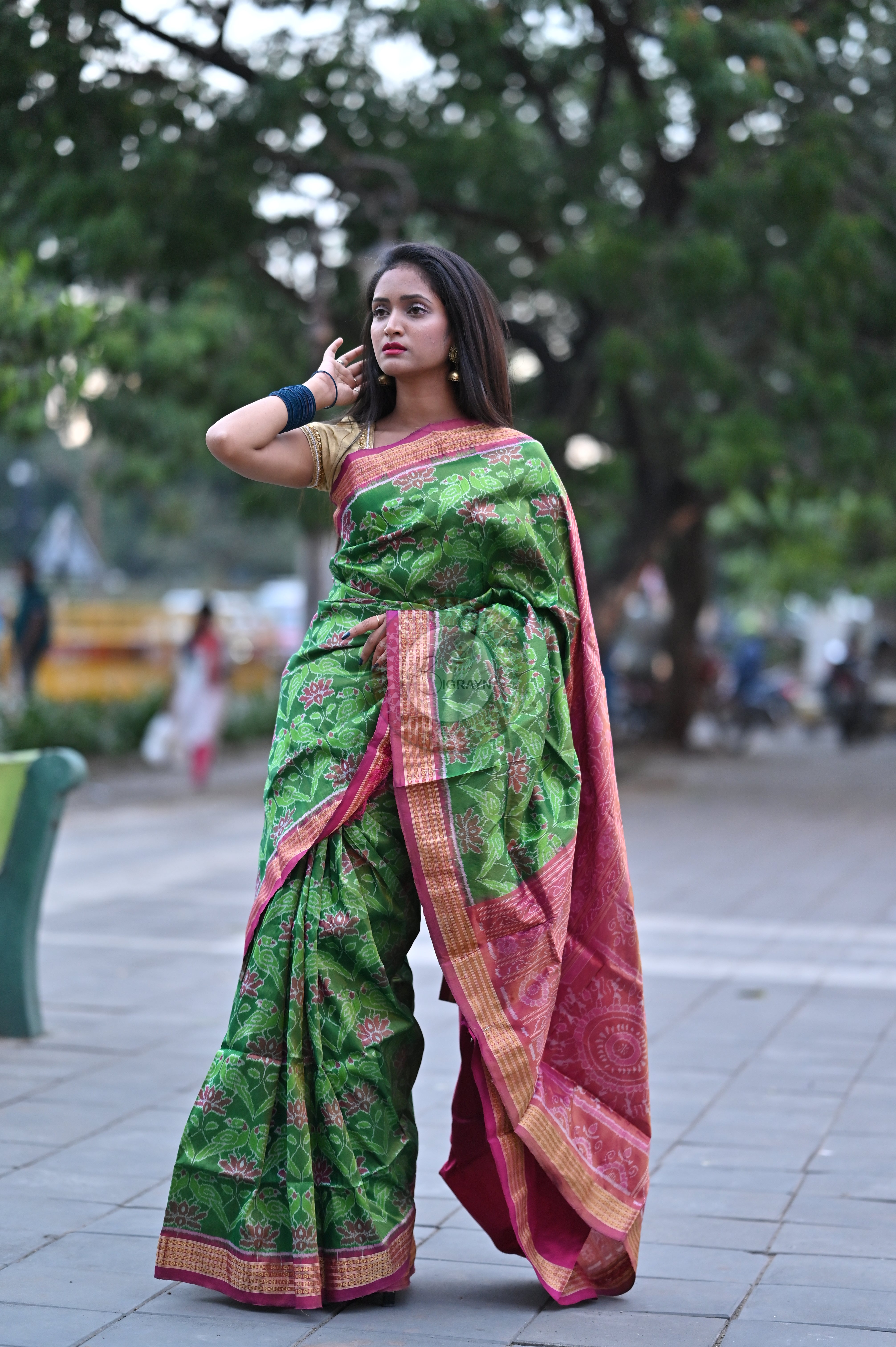 "Odisha Handloom Tissue Silk Saree with shimmering texture, elegant zari border, and lightweight drape, handcrafted by artisans"