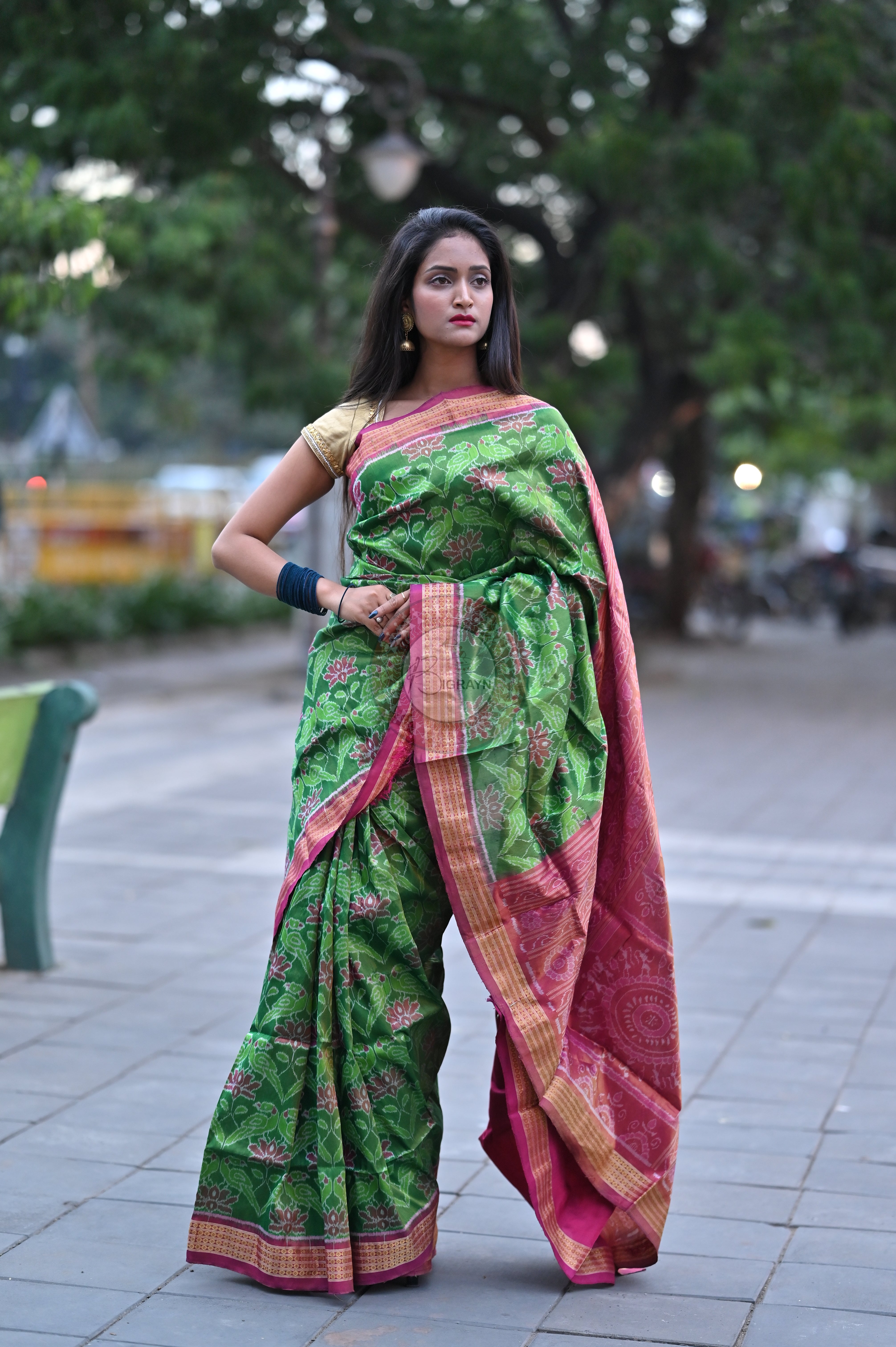 "Odisha Handloom Tissue Silk Saree with shimmering texture, elegant zari border, and lightweight drape, handcrafted by artisans"