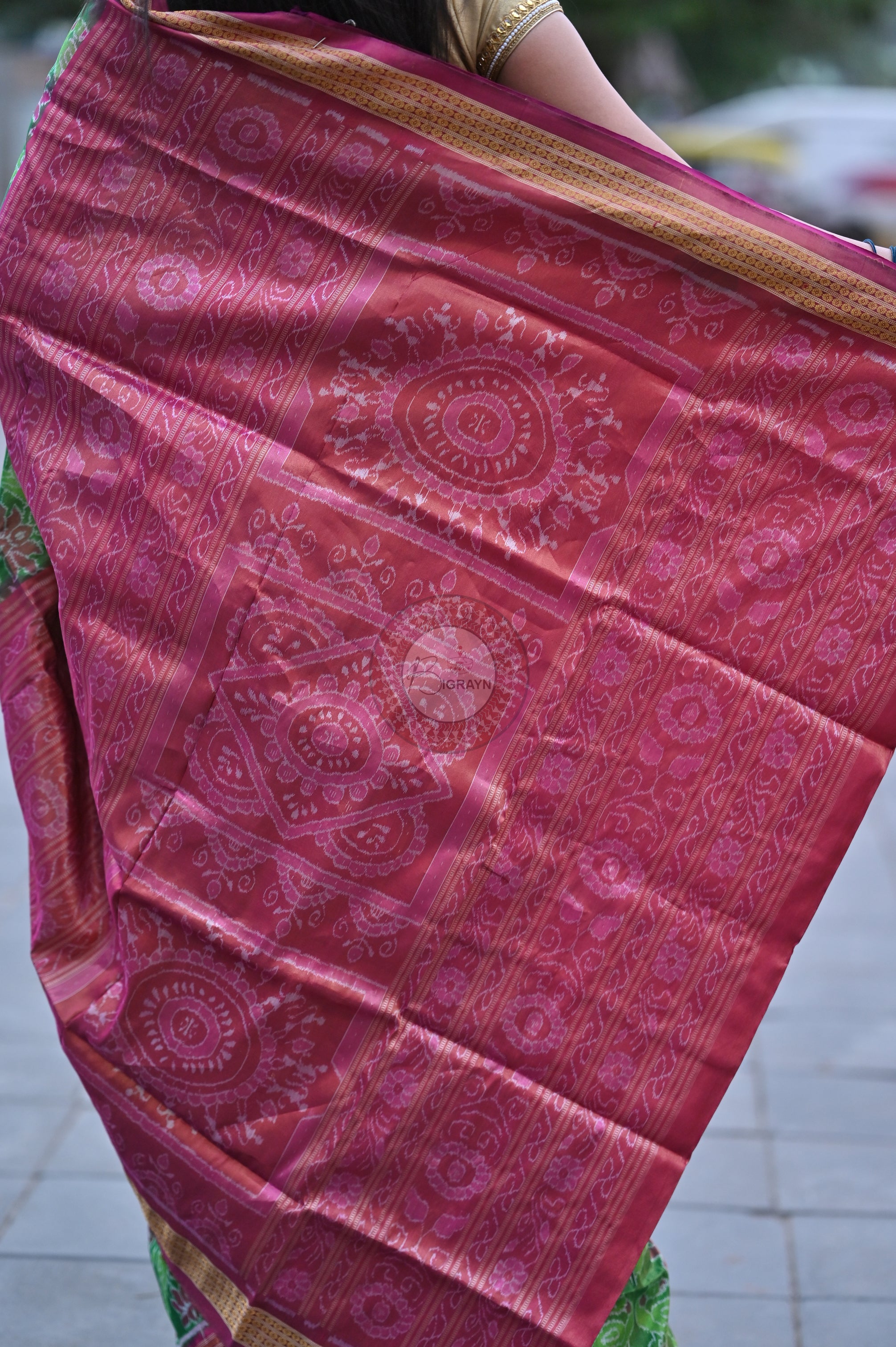 "Odisha Handloom Tissue Silk Saree with shimmering texture, elegant zari border, and lightweight drape, handcrafted by artisans"