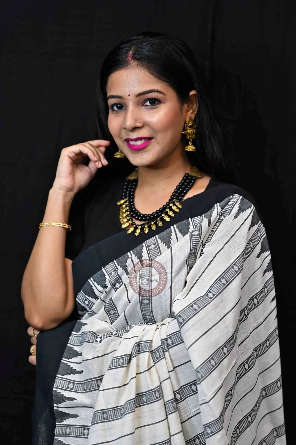White Black Stripes Kotpad cotton Sarees