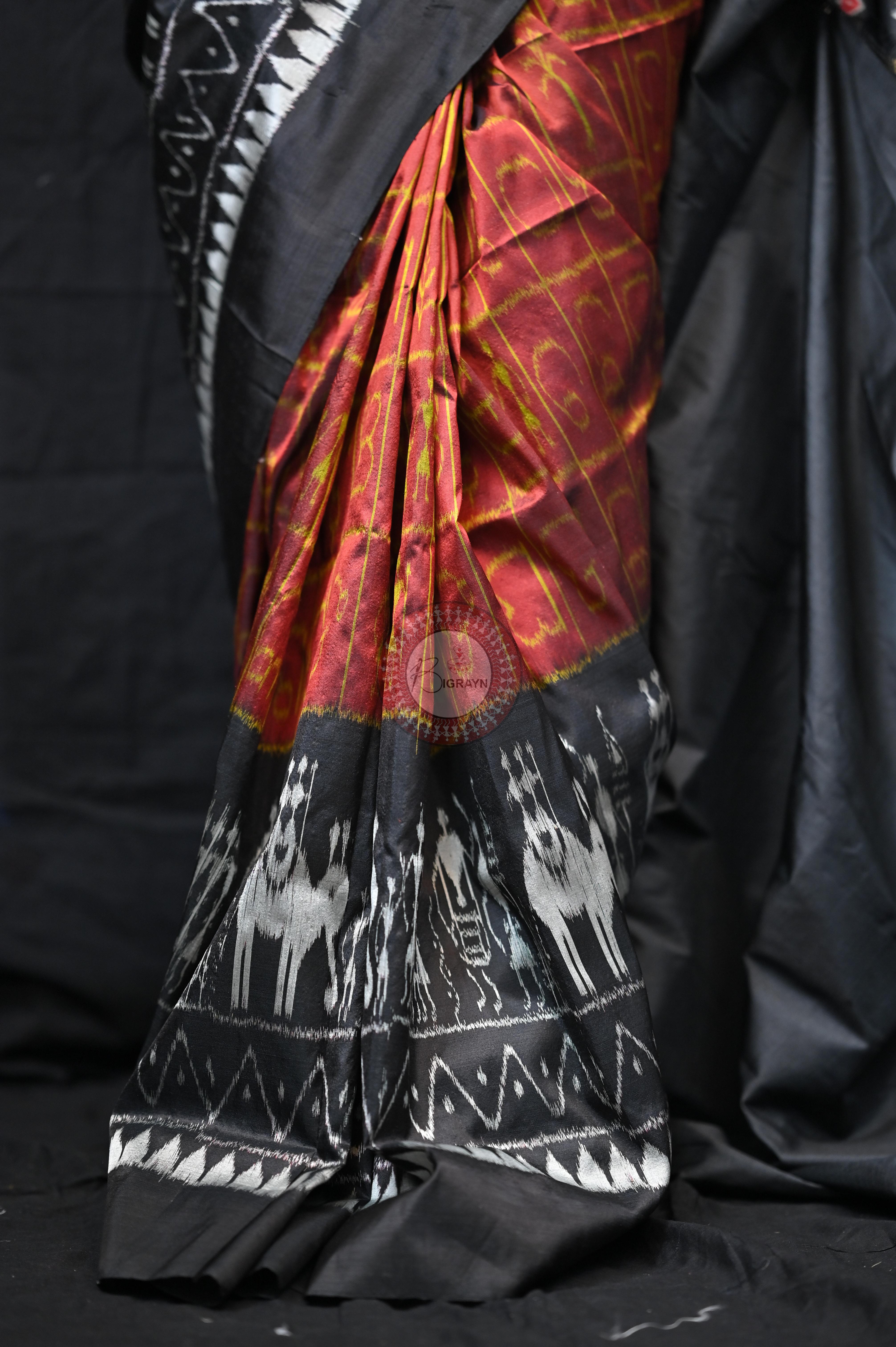 Maroon Black Odia Alphabet Mulberry Silk Saree