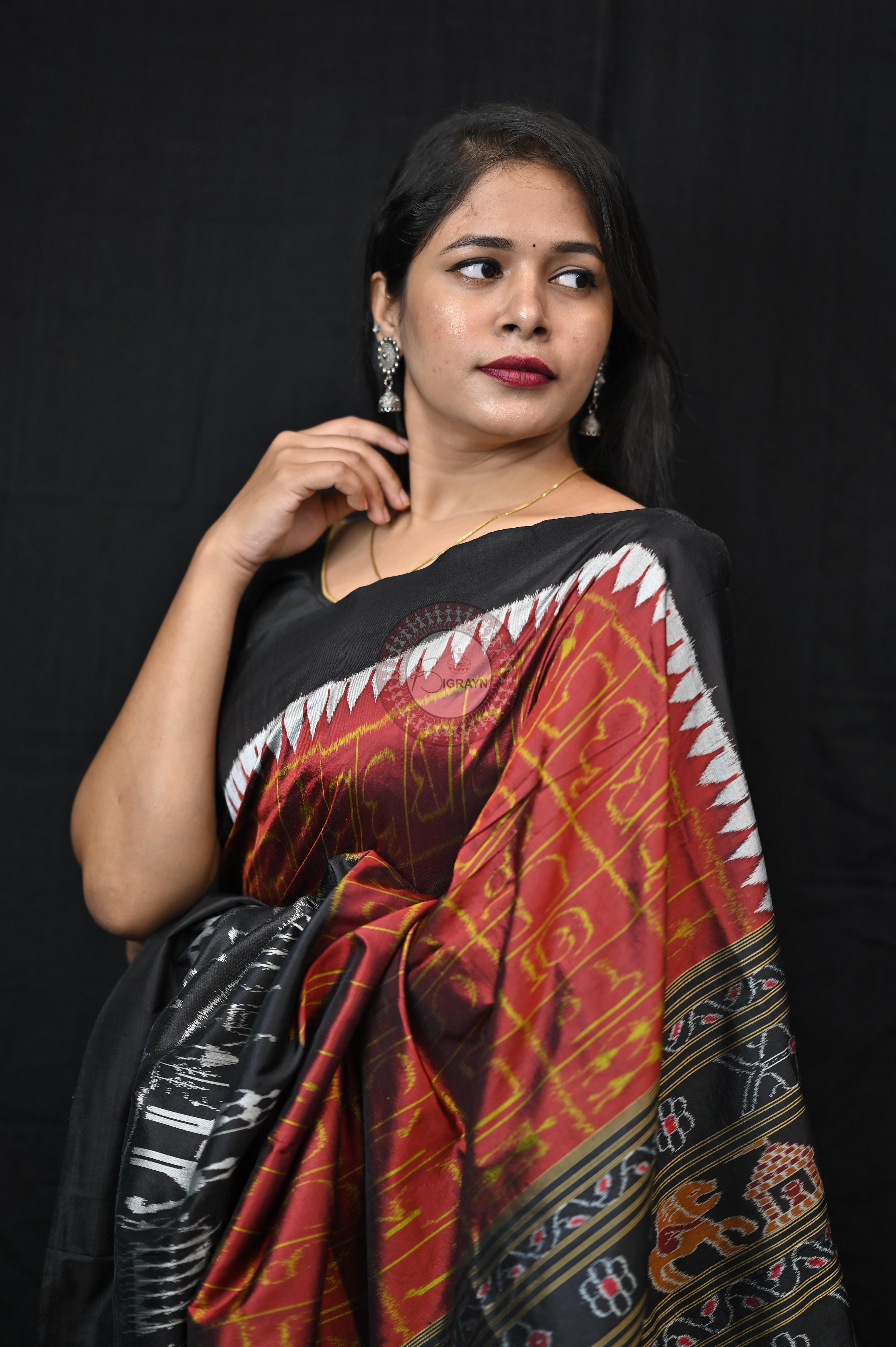 Maroon Black Odia Alphabet Mulberry Silk Saree