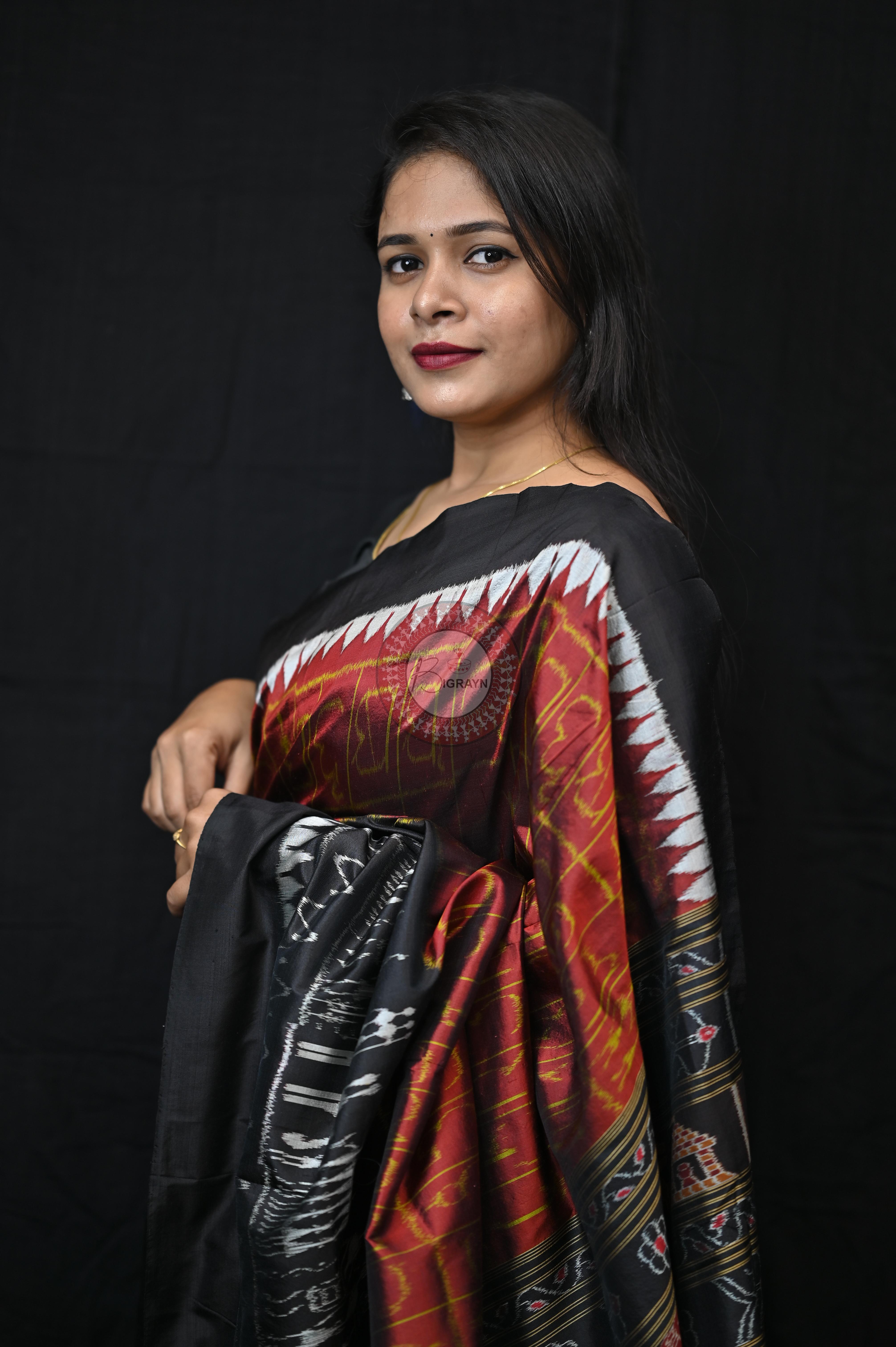 Maroon Black Odia Alphabet Mulberry Silk Saree