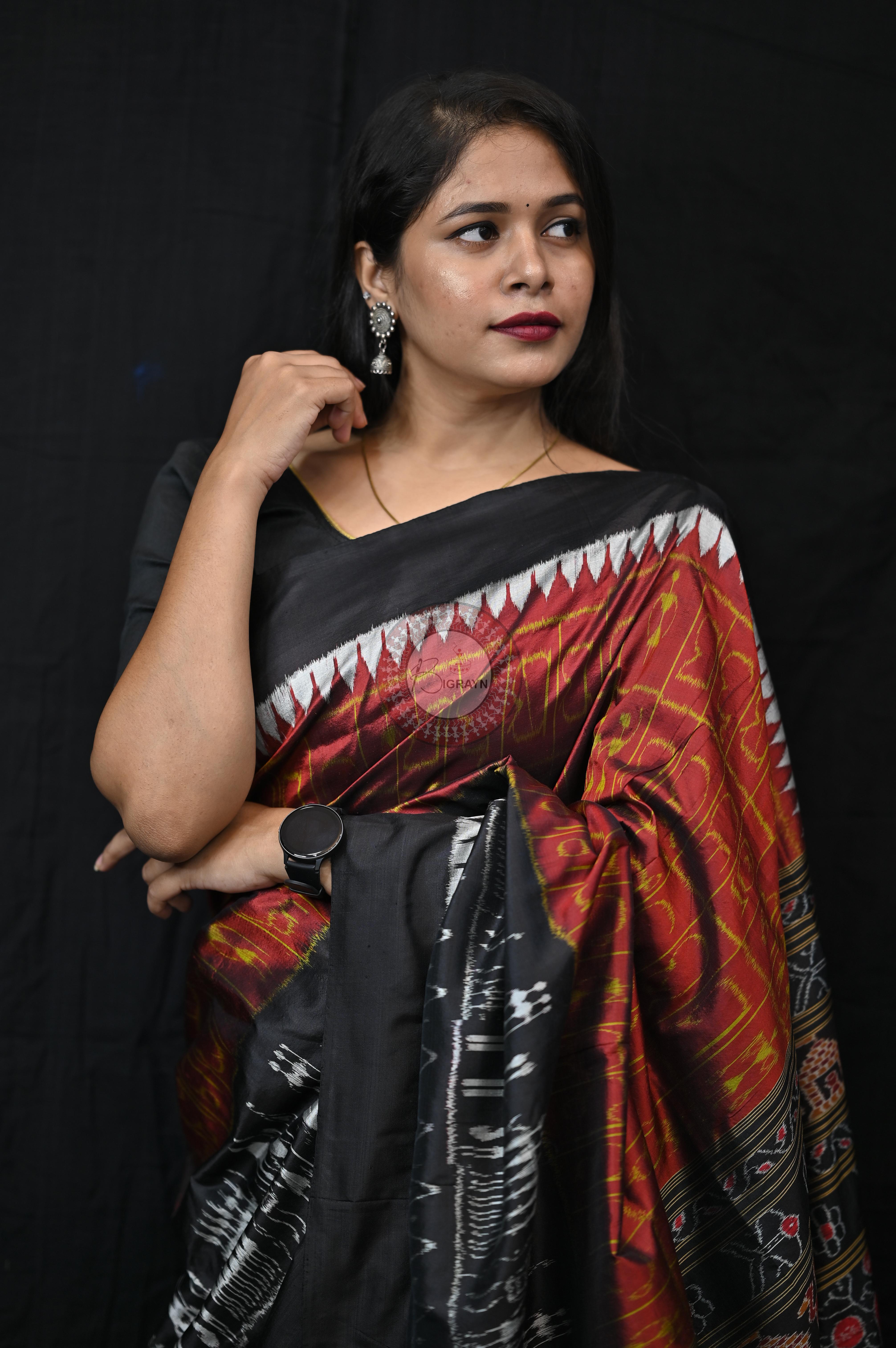 Maroon Black Odia Alphabet Mulberry Silk Saree