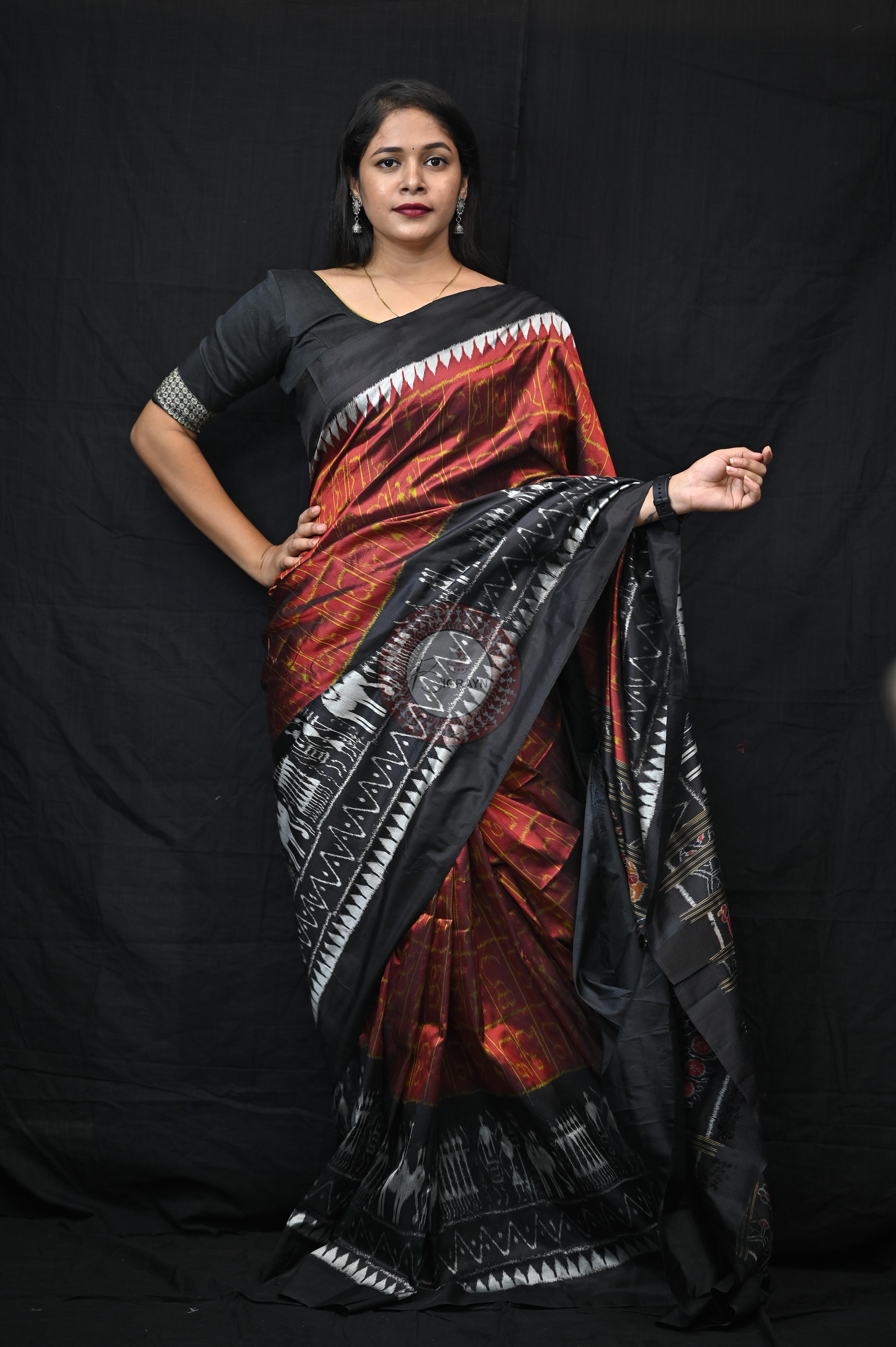 Maroon Black Odia Alphabet Mulberry Silk Saree