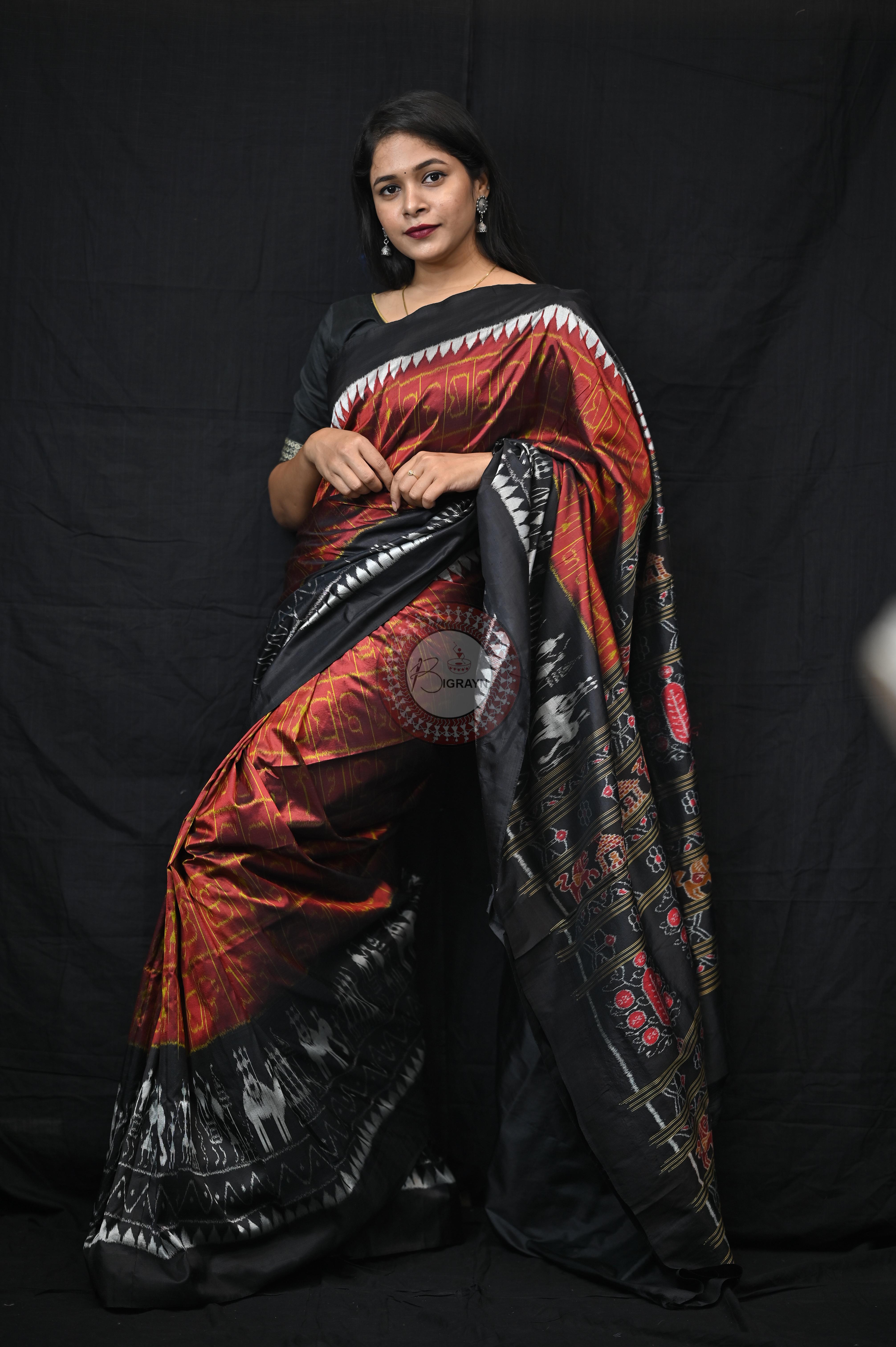 Maroon Black Odia Alphabet Mulberry Silk Saree