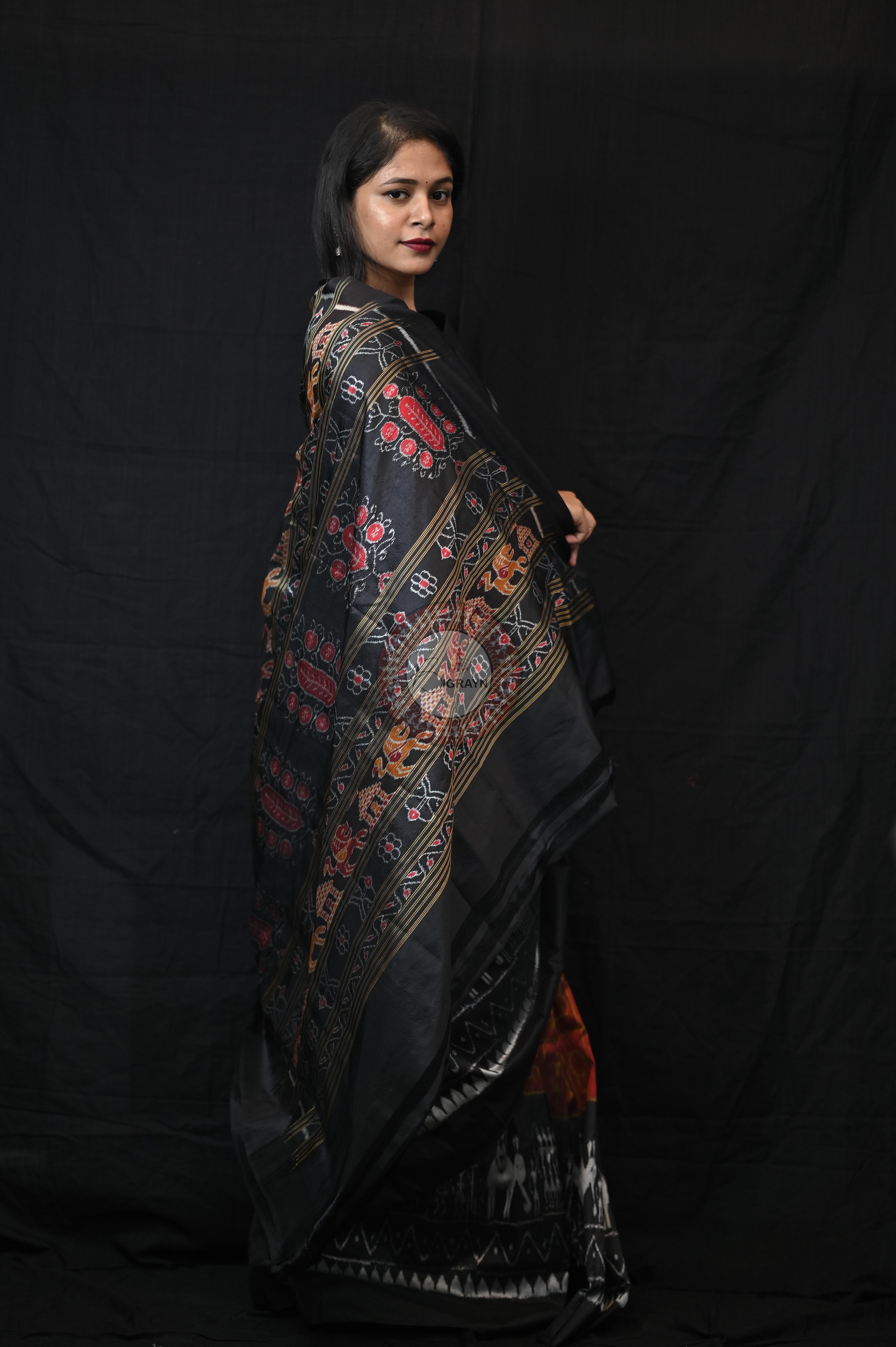 Maroon Black Odia Alphabet Mulberry Silk Saree