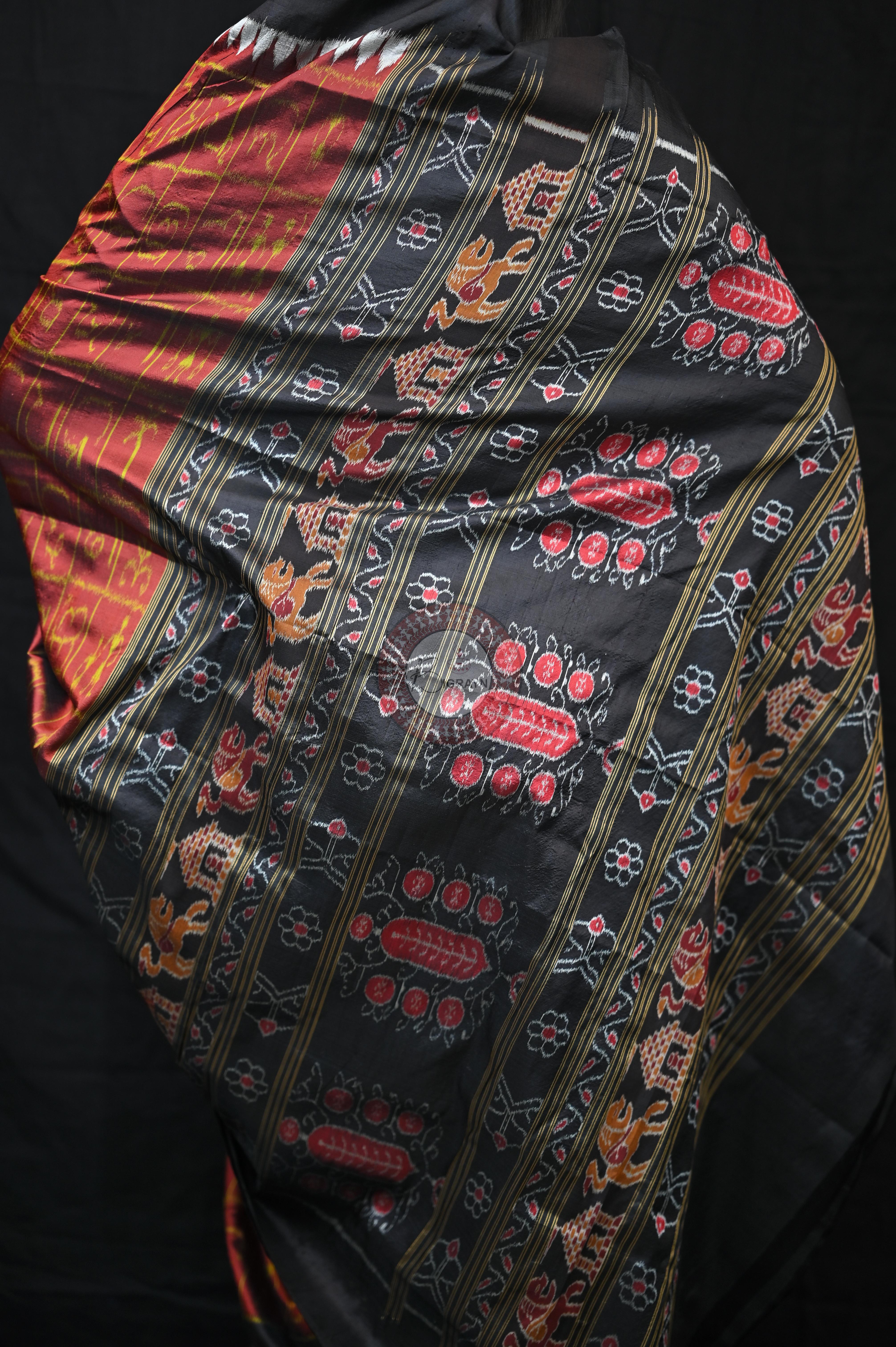 Maroon Black Odia Alphabet Mulberry Silk Saree