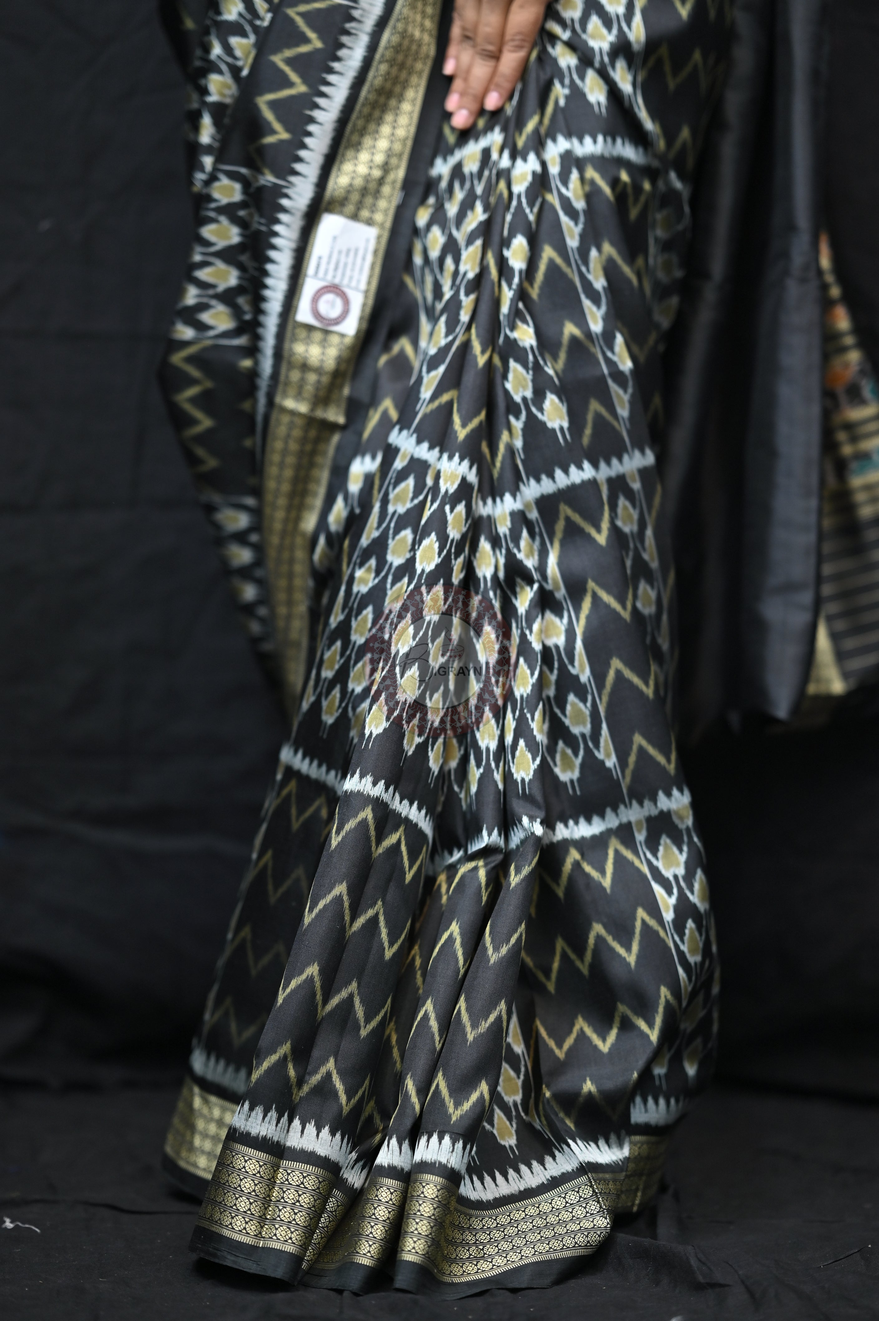 Black Golden Waves & Flowers Mulberry Silk Saree