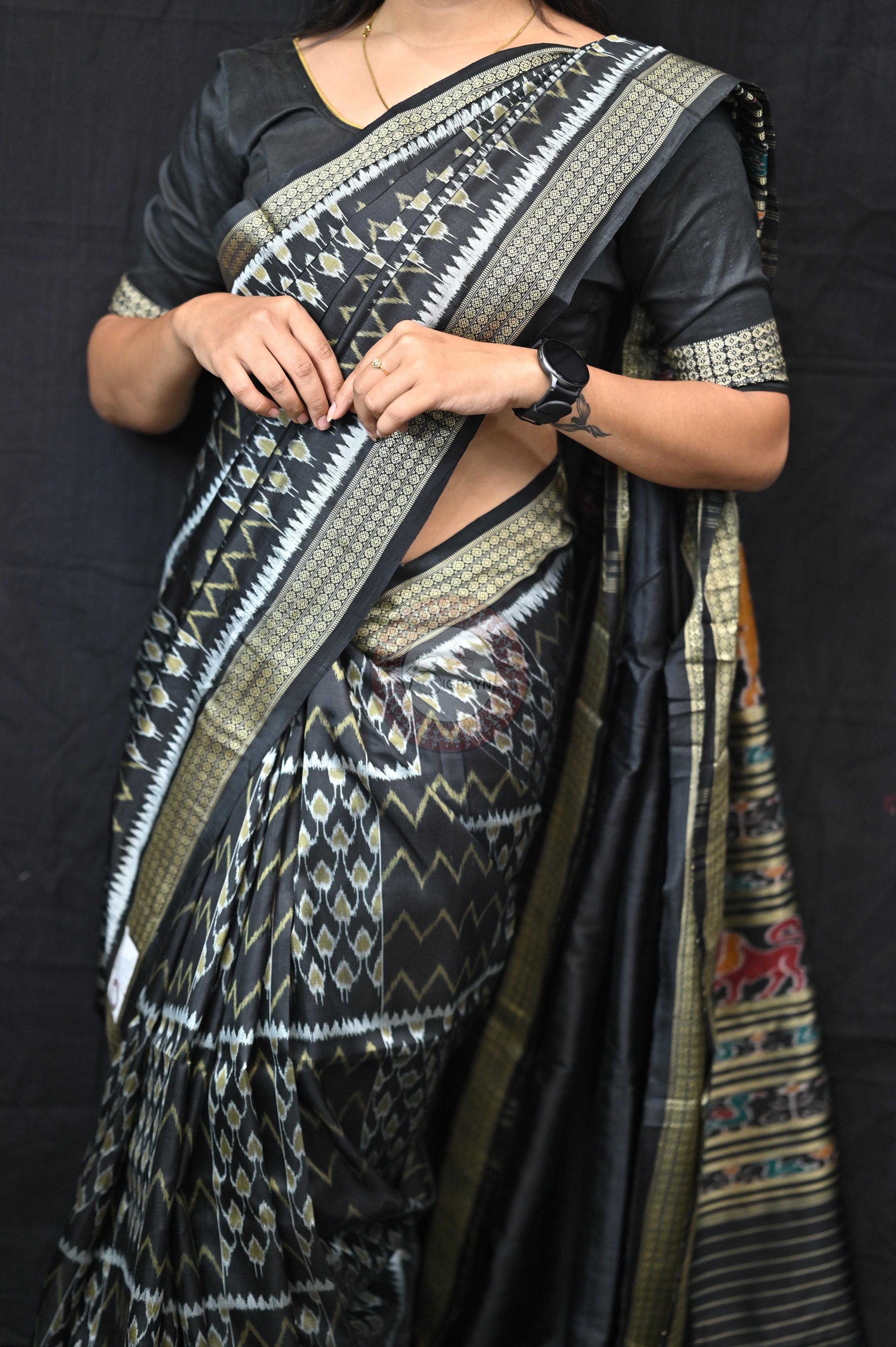 Black Golden Waves & Flowers Mulberry Silk Saree