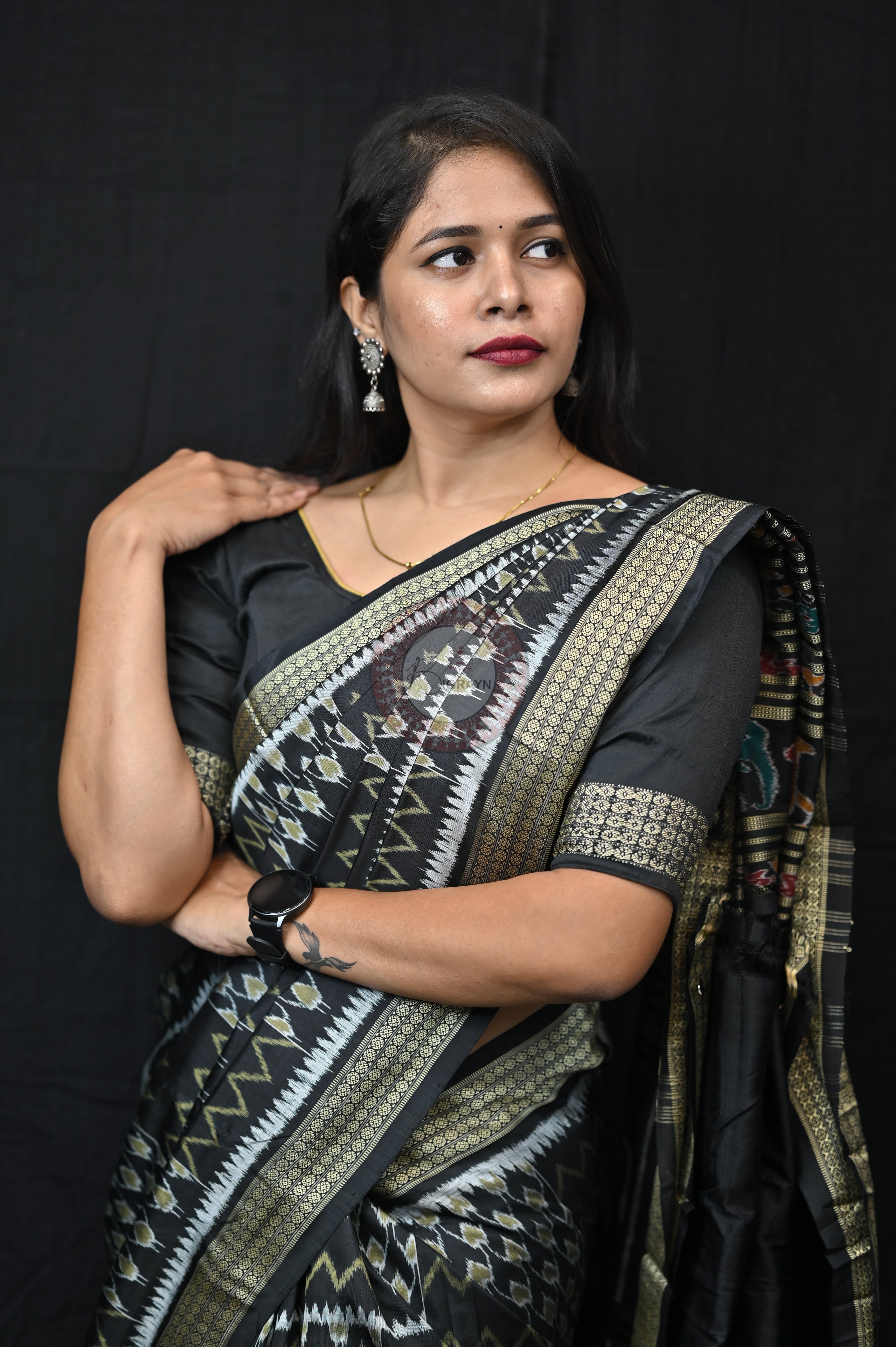Black Golden Waves & Flowers Mulberry Silk Saree