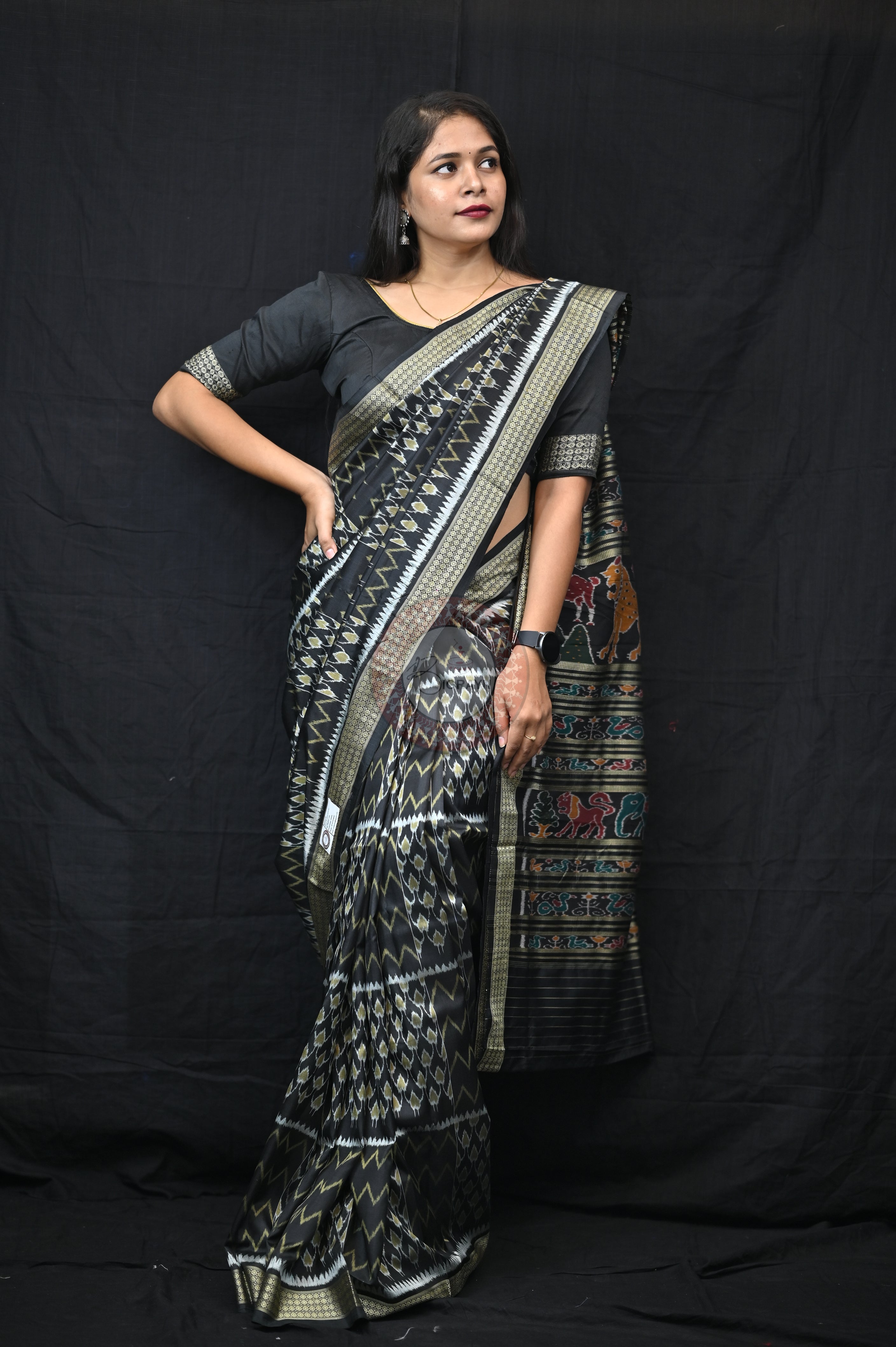 Black Golden Waves & Flowers Mulberry Silk Saree