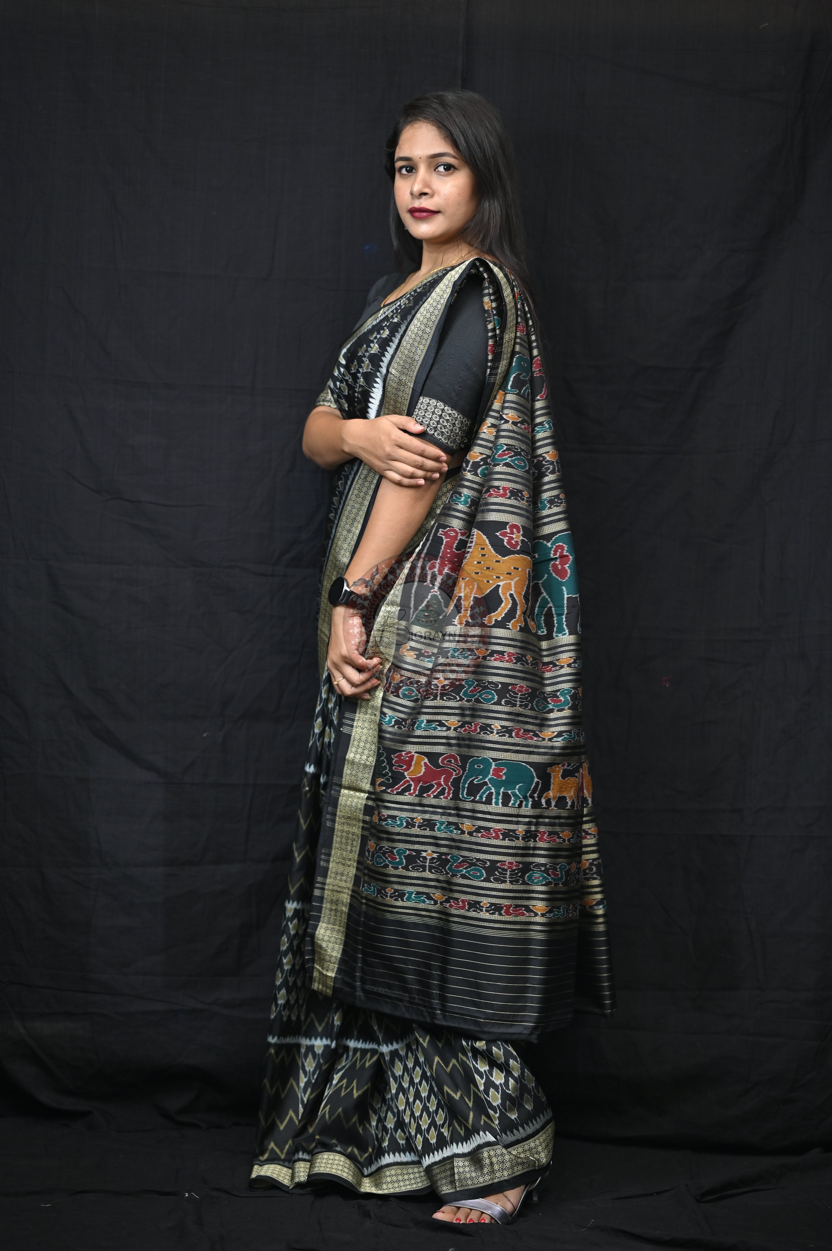 Black Golden Waves & Flowers Mulberry Silk Saree