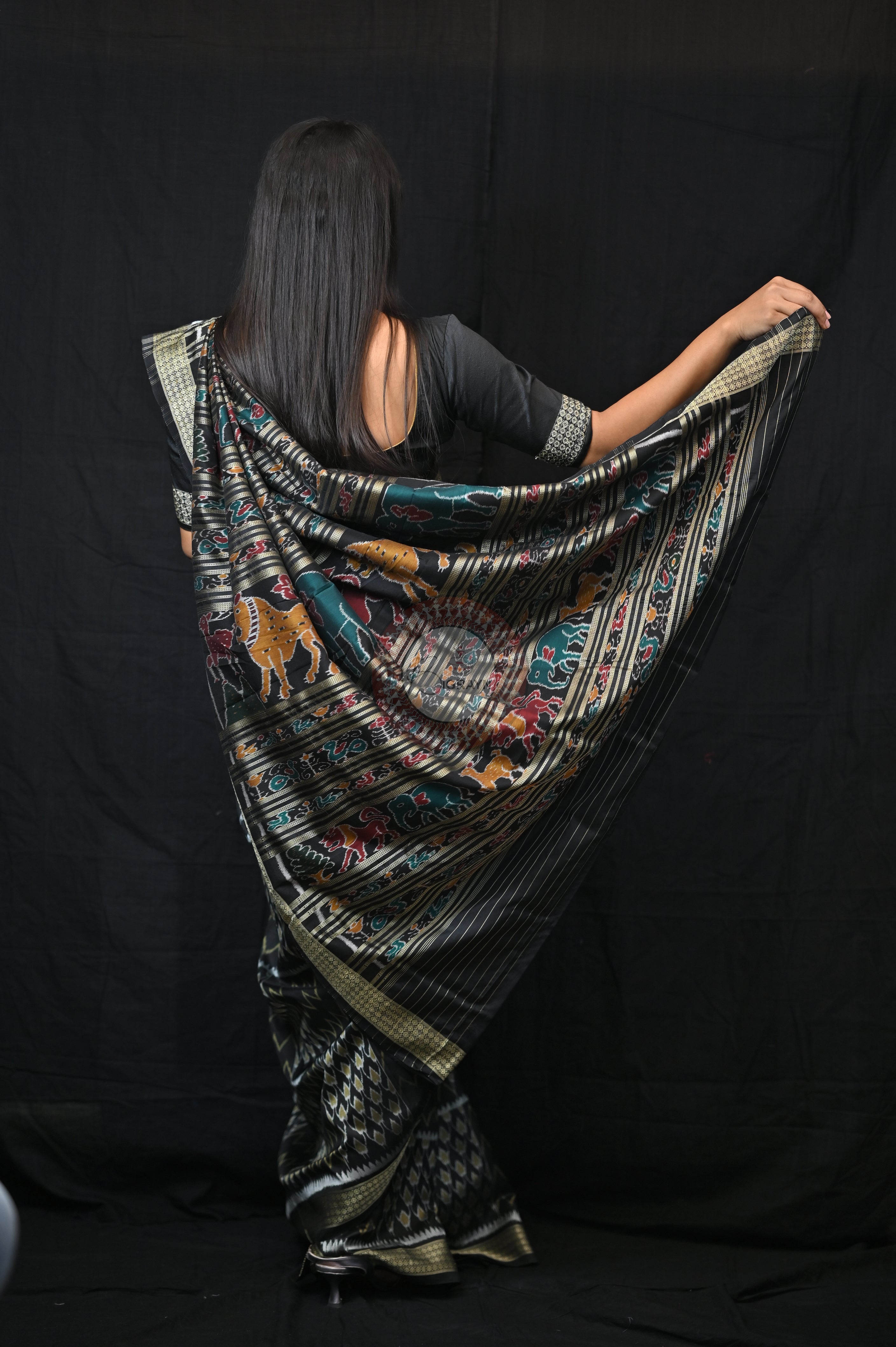 Black Golden Waves & Flowers Mulberry Silk Saree