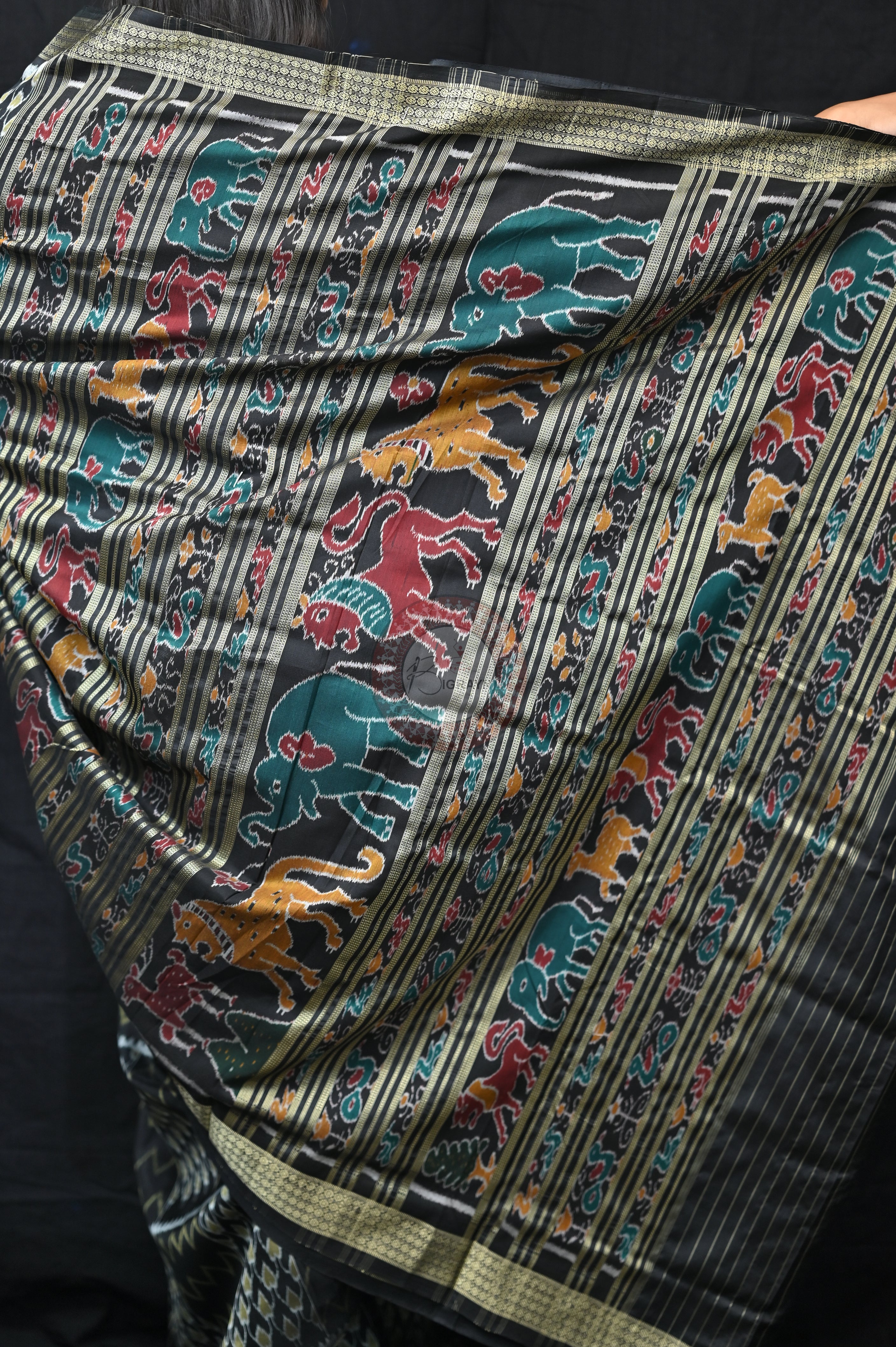 Black Golden Waves & Flowers Mulberry Silk Saree