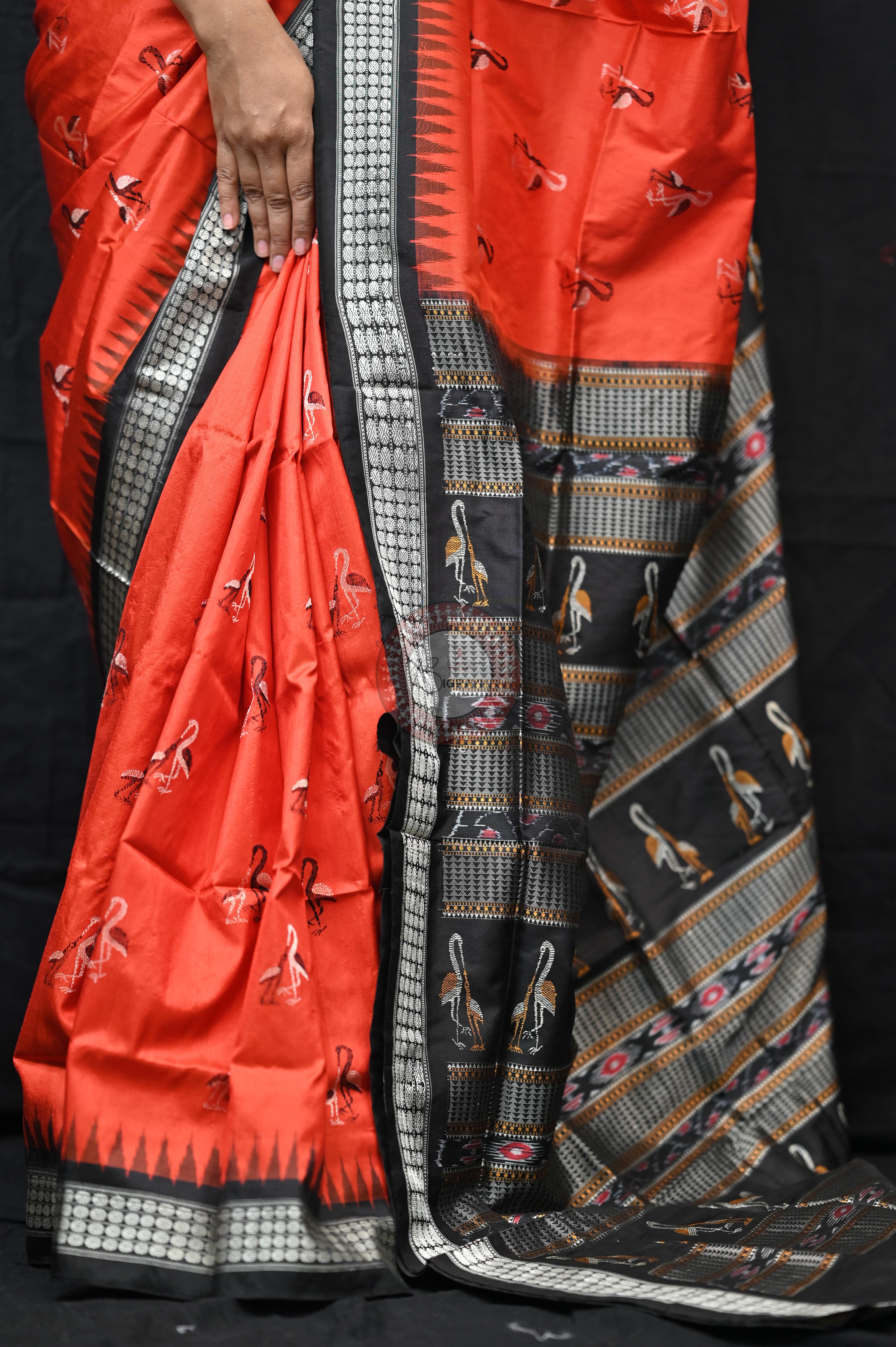 Mustard Black Animal Planet Bomkai Silk Saree