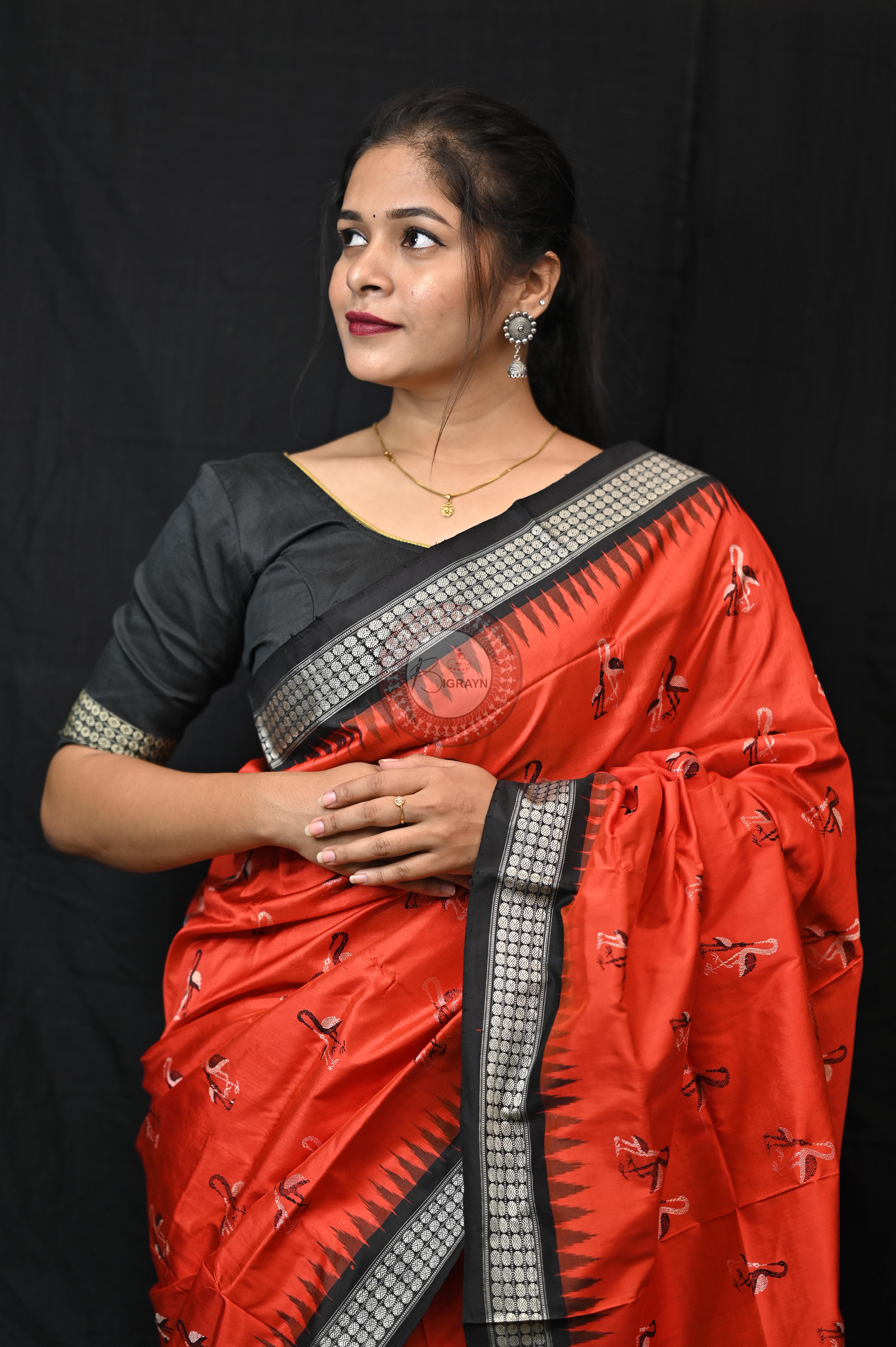 Mustard Black Animal Planet Bomkai Silk Saree