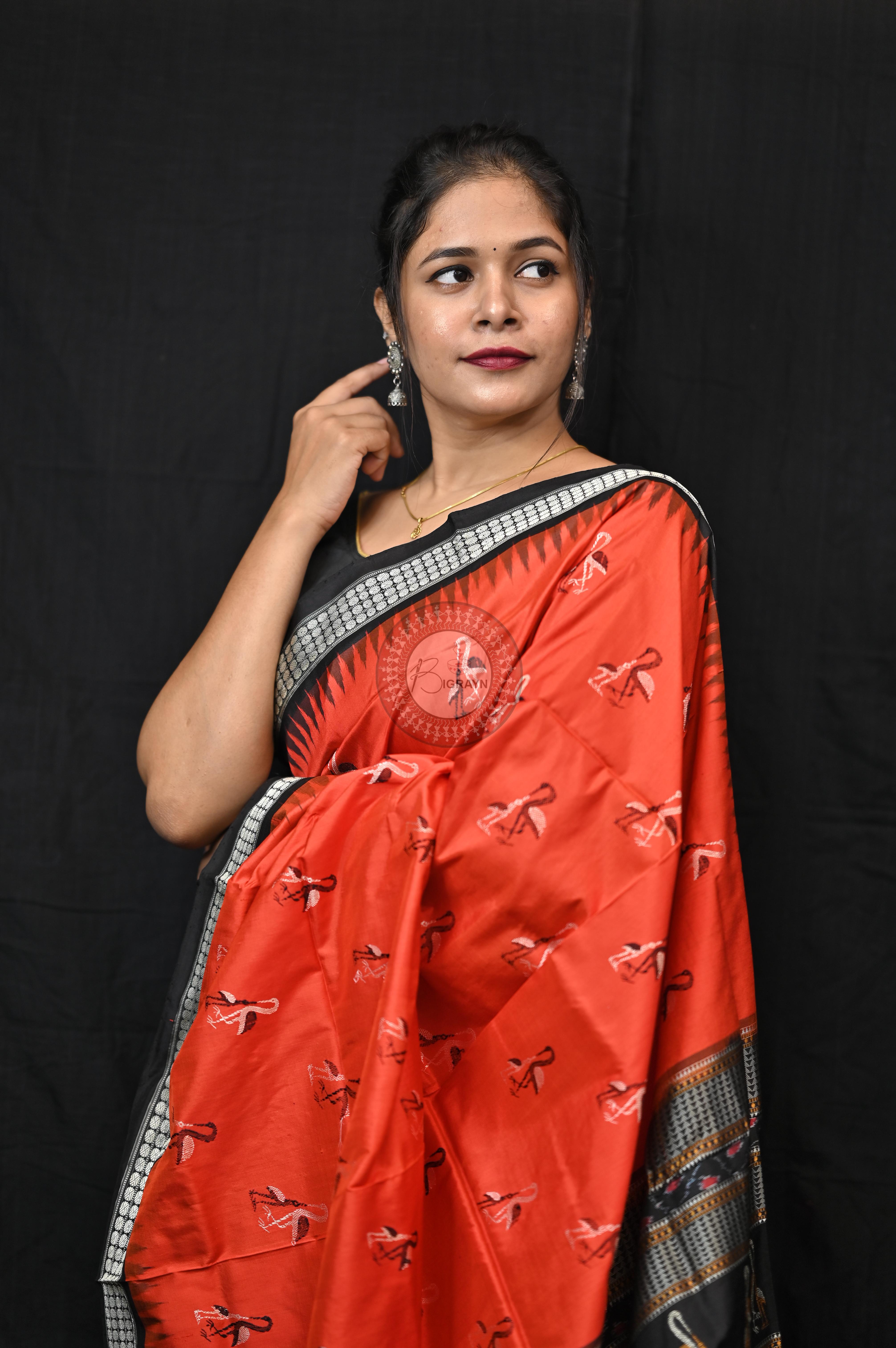 Mustard Black Animal Planet Bomkai Silk Saree