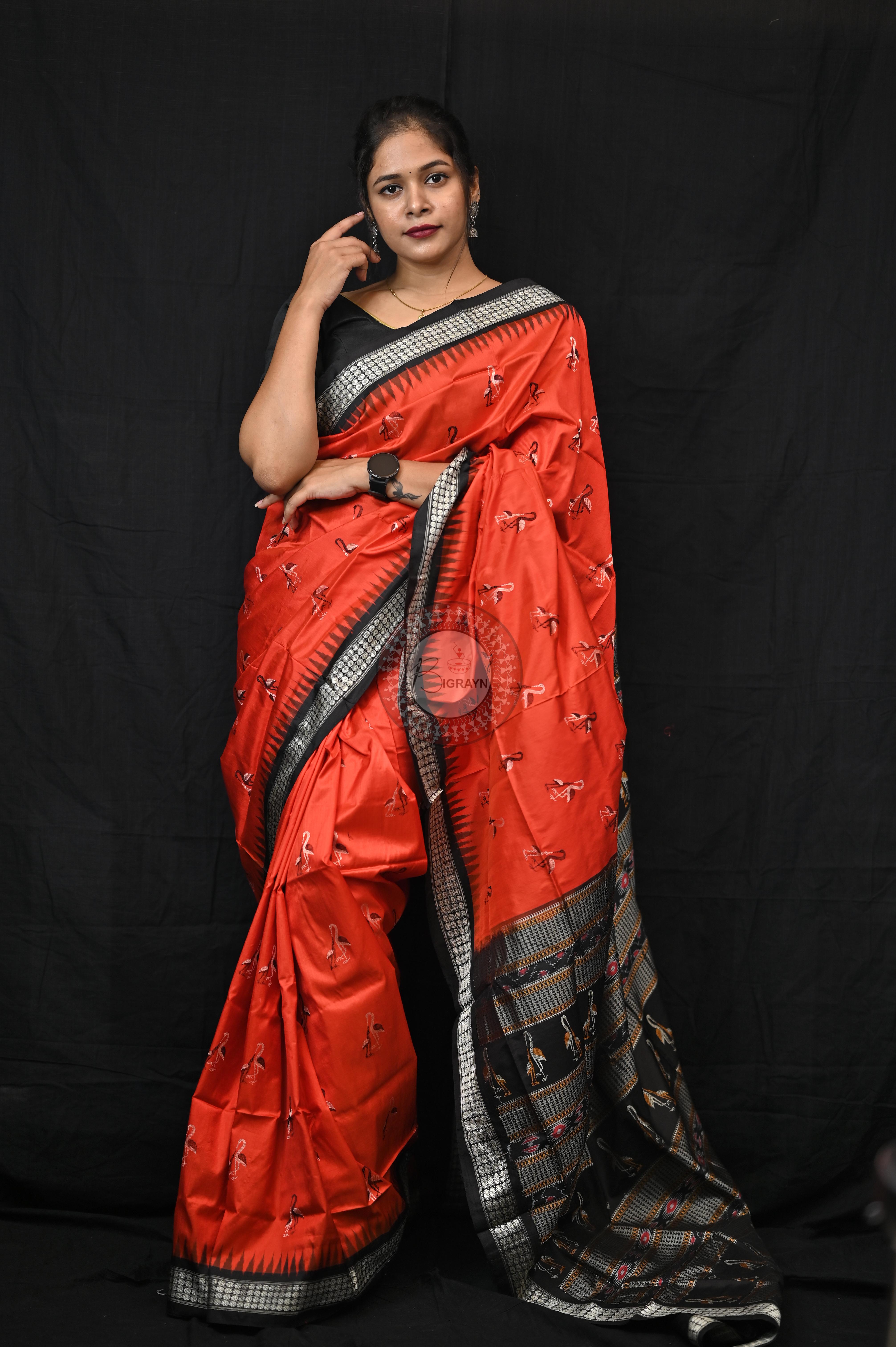 Mustard Black Animal Planet Bomkai Silk Saree