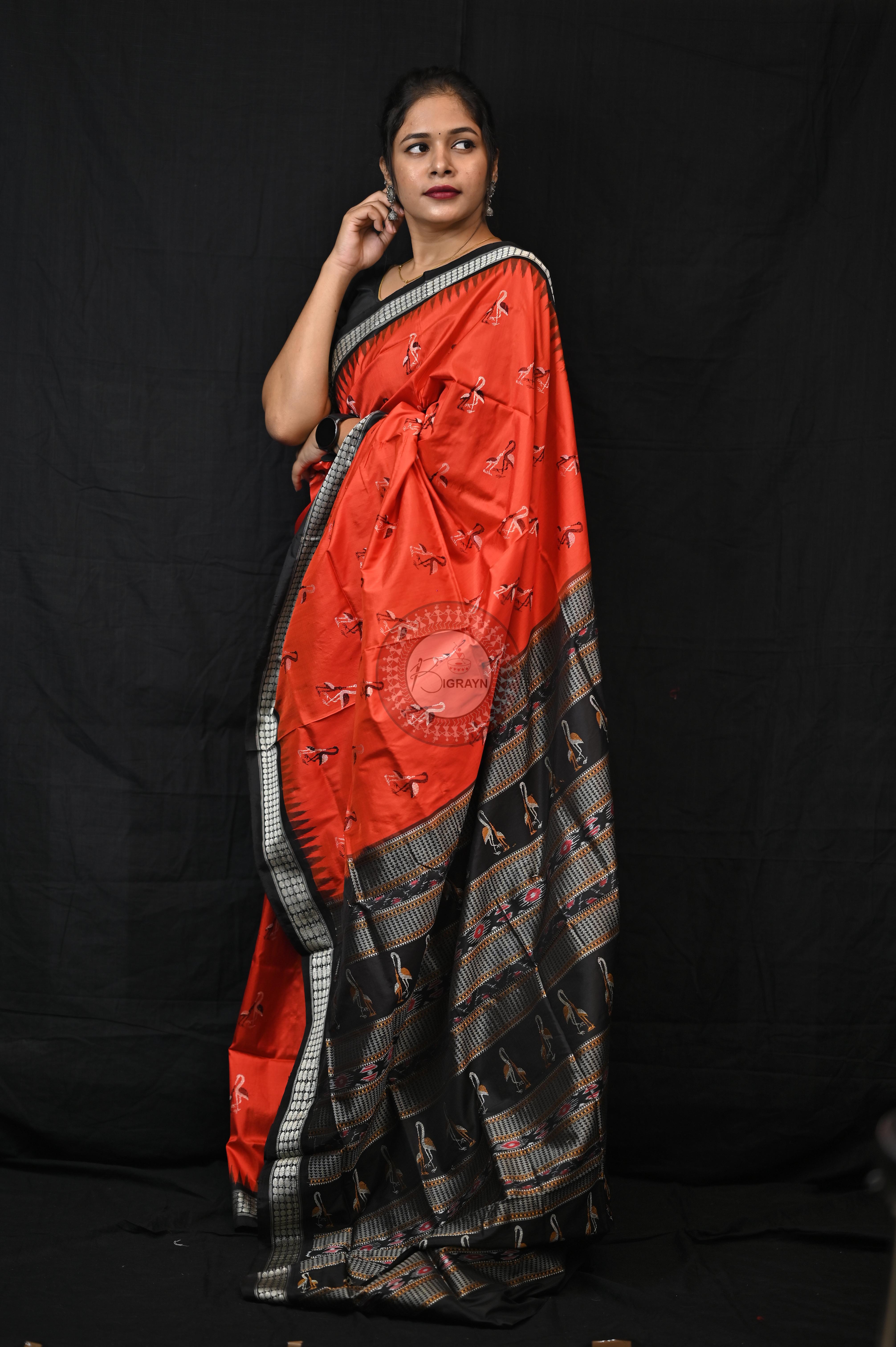 Mustard Black Animal Planet Bomkai Silk Saree
