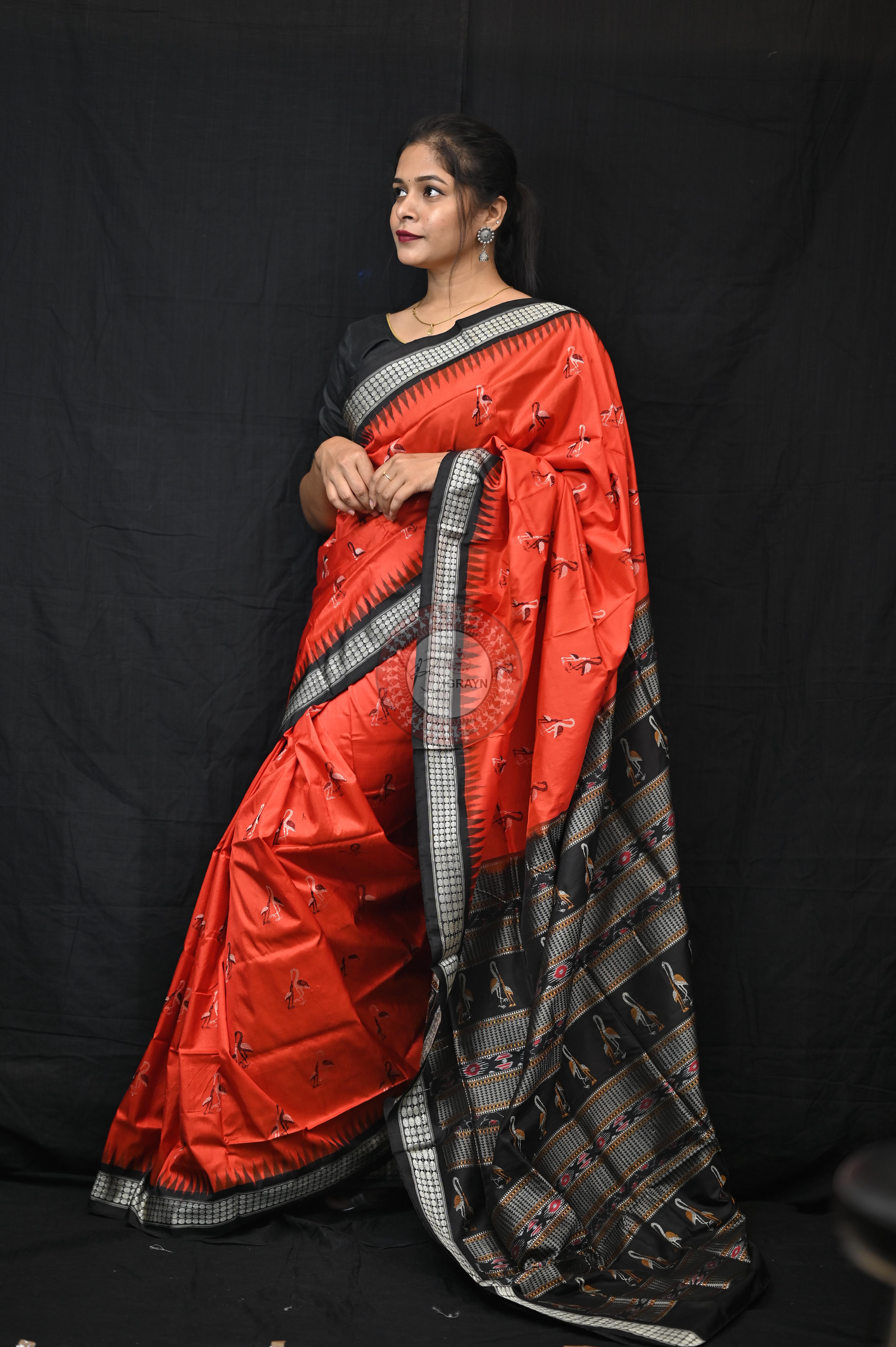 Mustard Black Animal Planet Bomkai Silk Saree