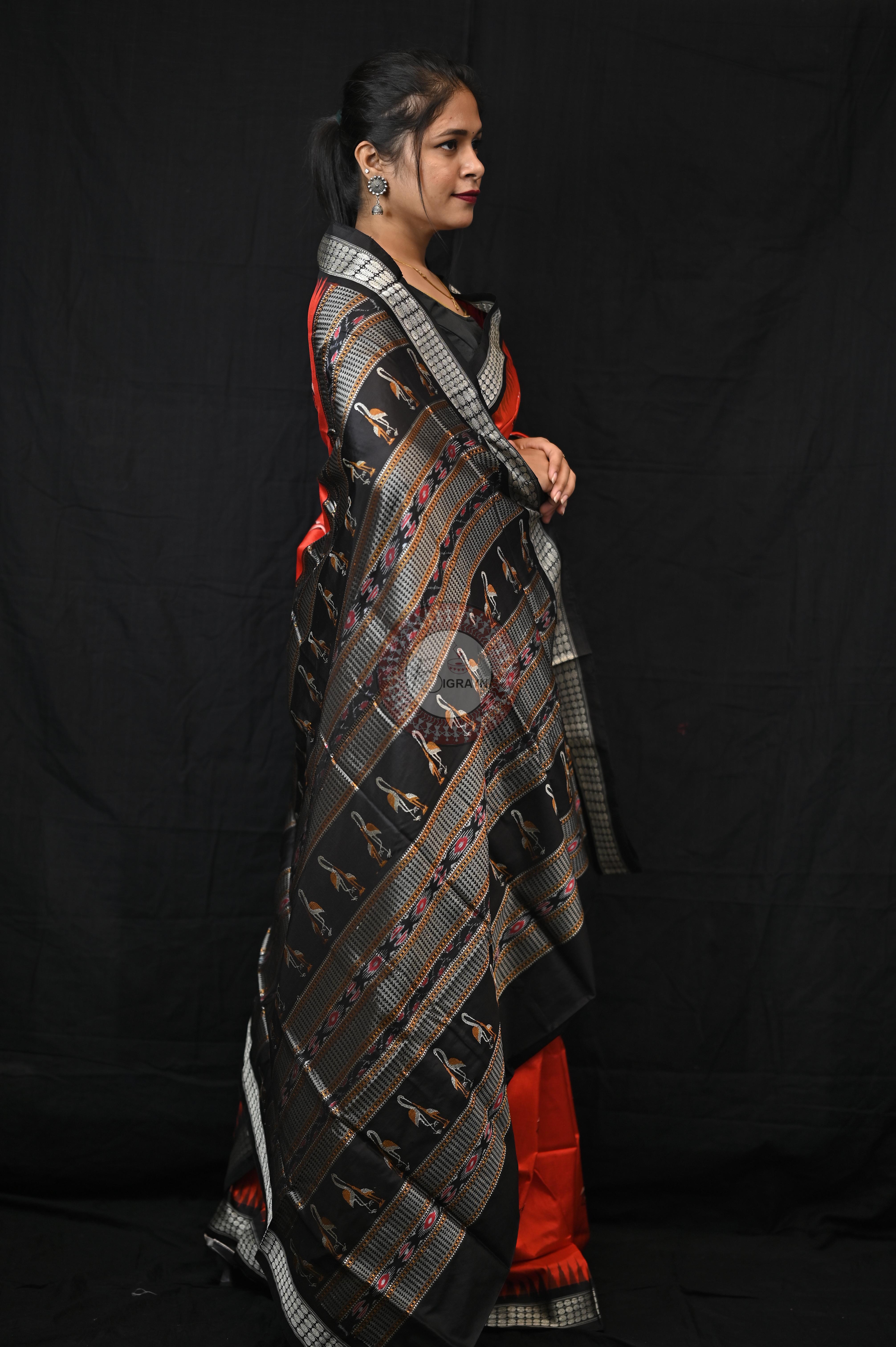 Mustard Black Animal Planet Bomkai Silk Saree
