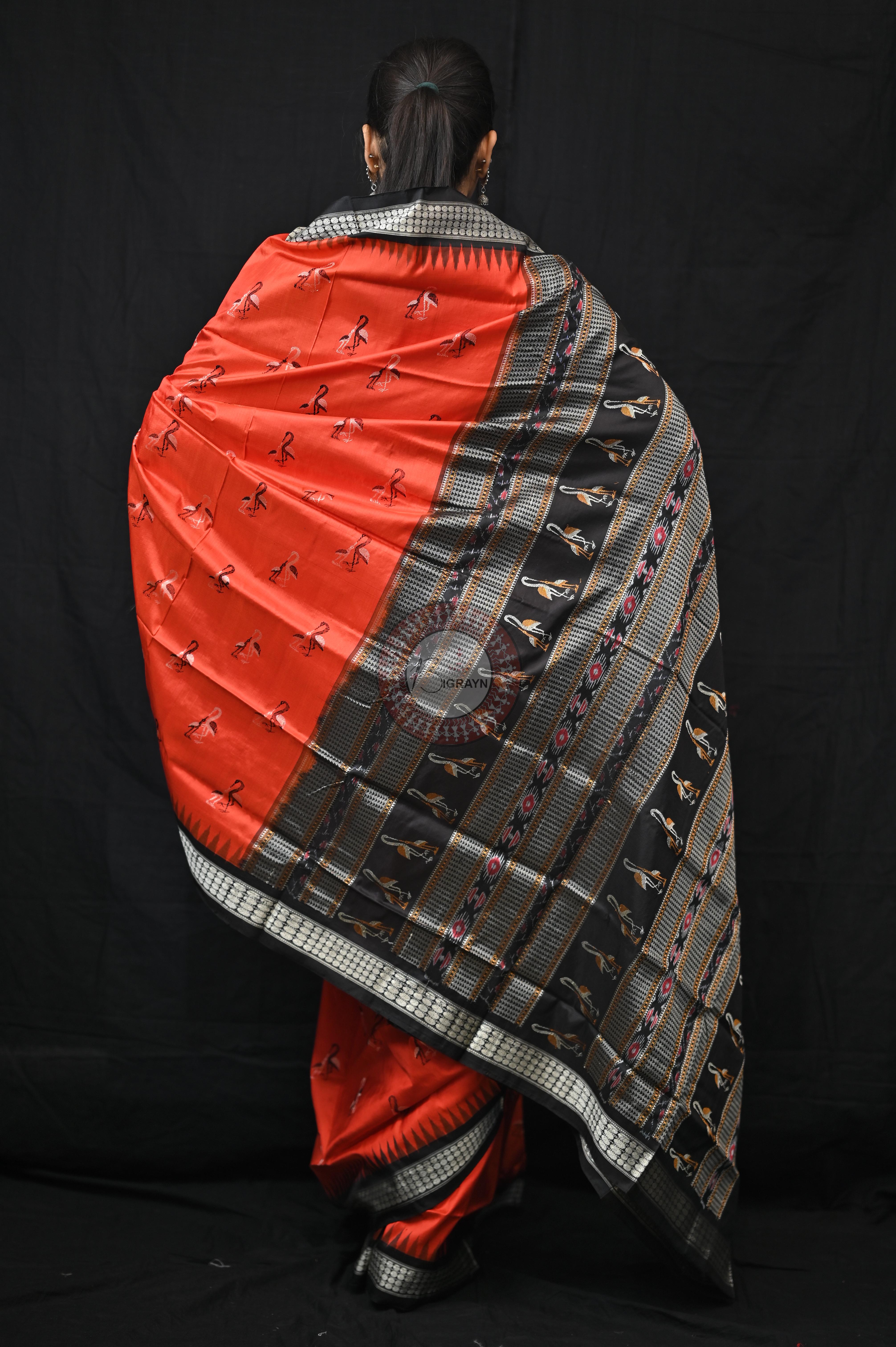 Mustard Black Animal Planet Bomkai Silk Saree
