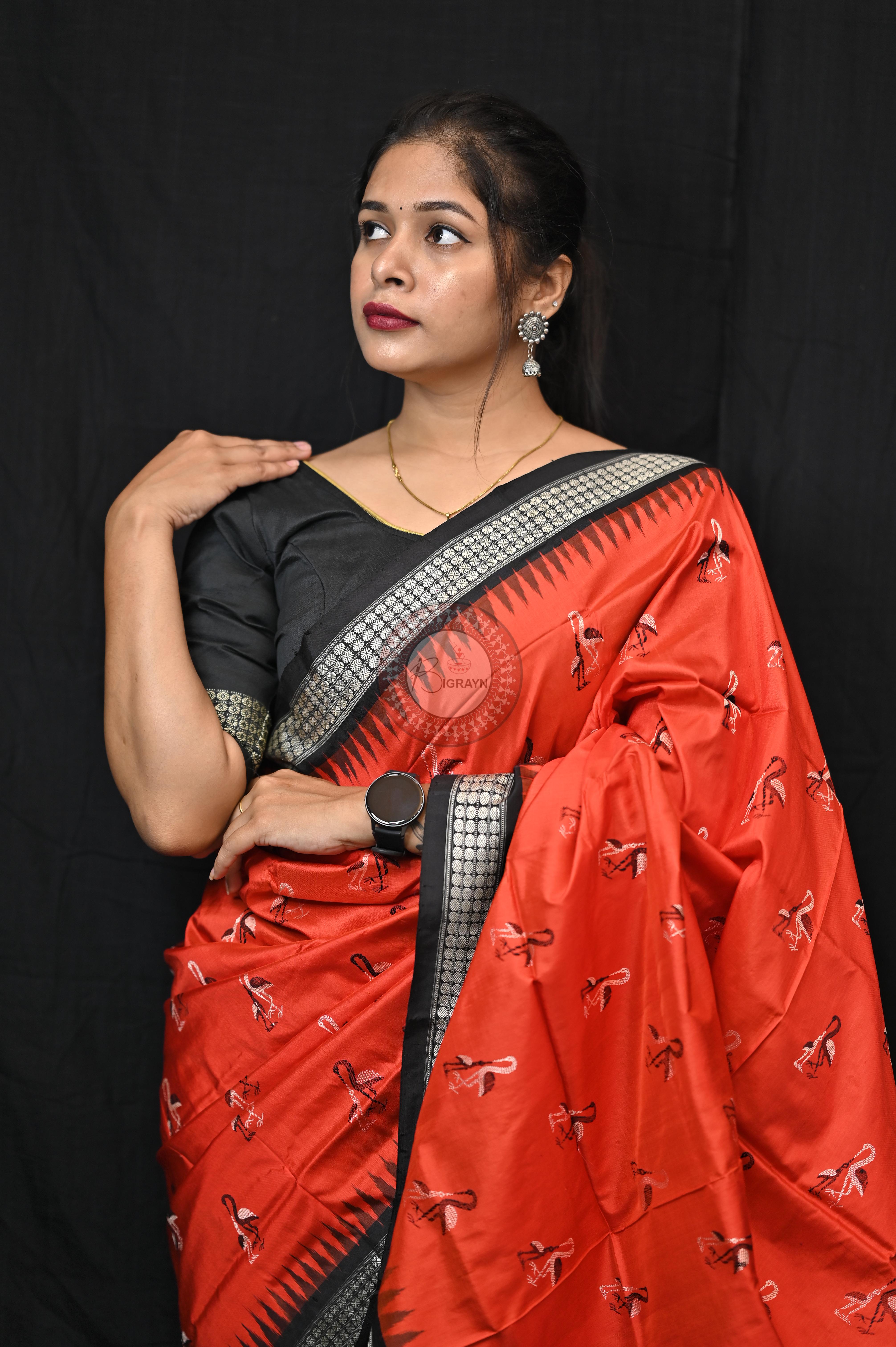 Mustard Black Animal Planet Bomkai Silk Saree