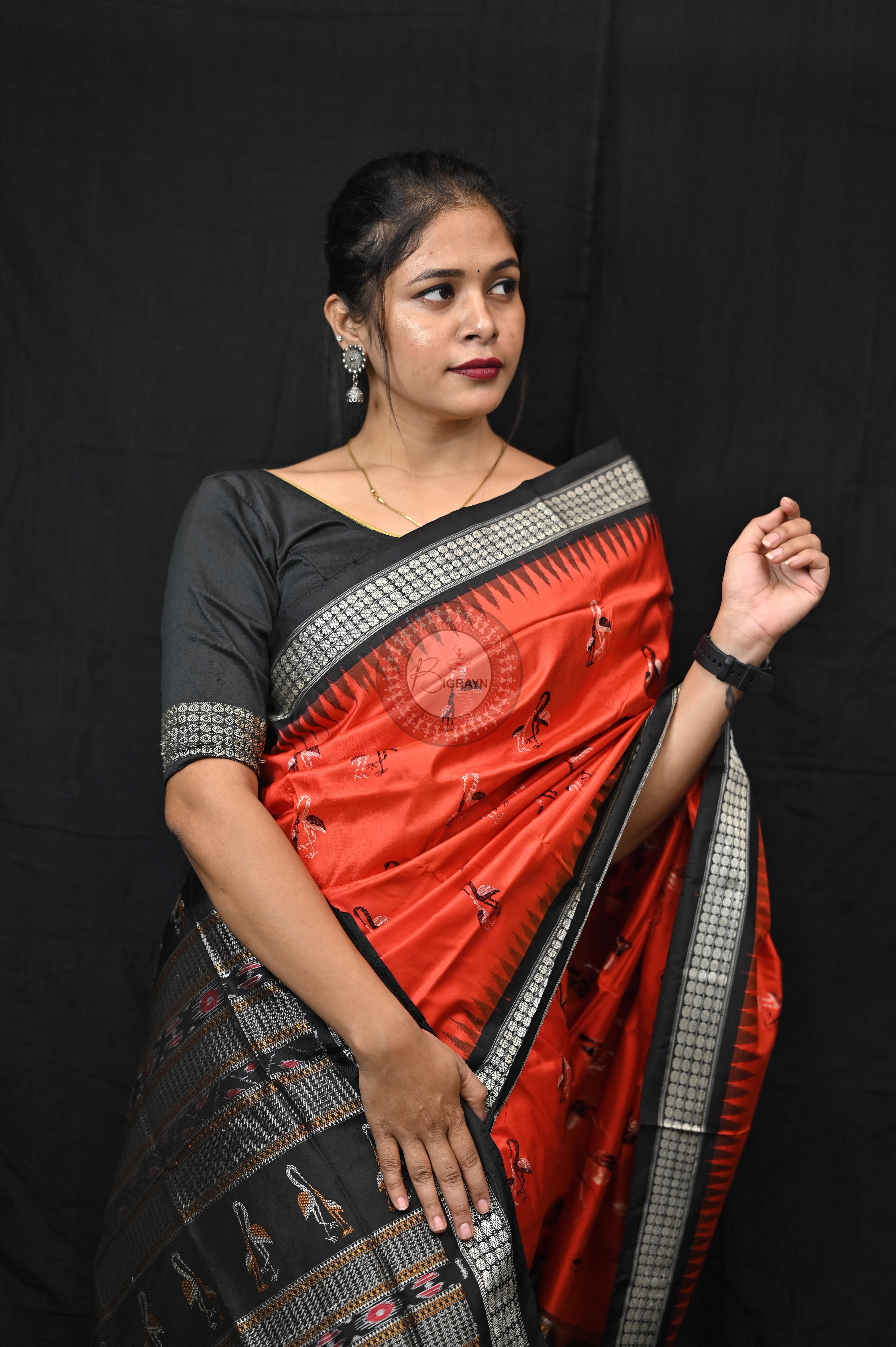 Mustard Black Animal Planet Bomkai Silk Saree