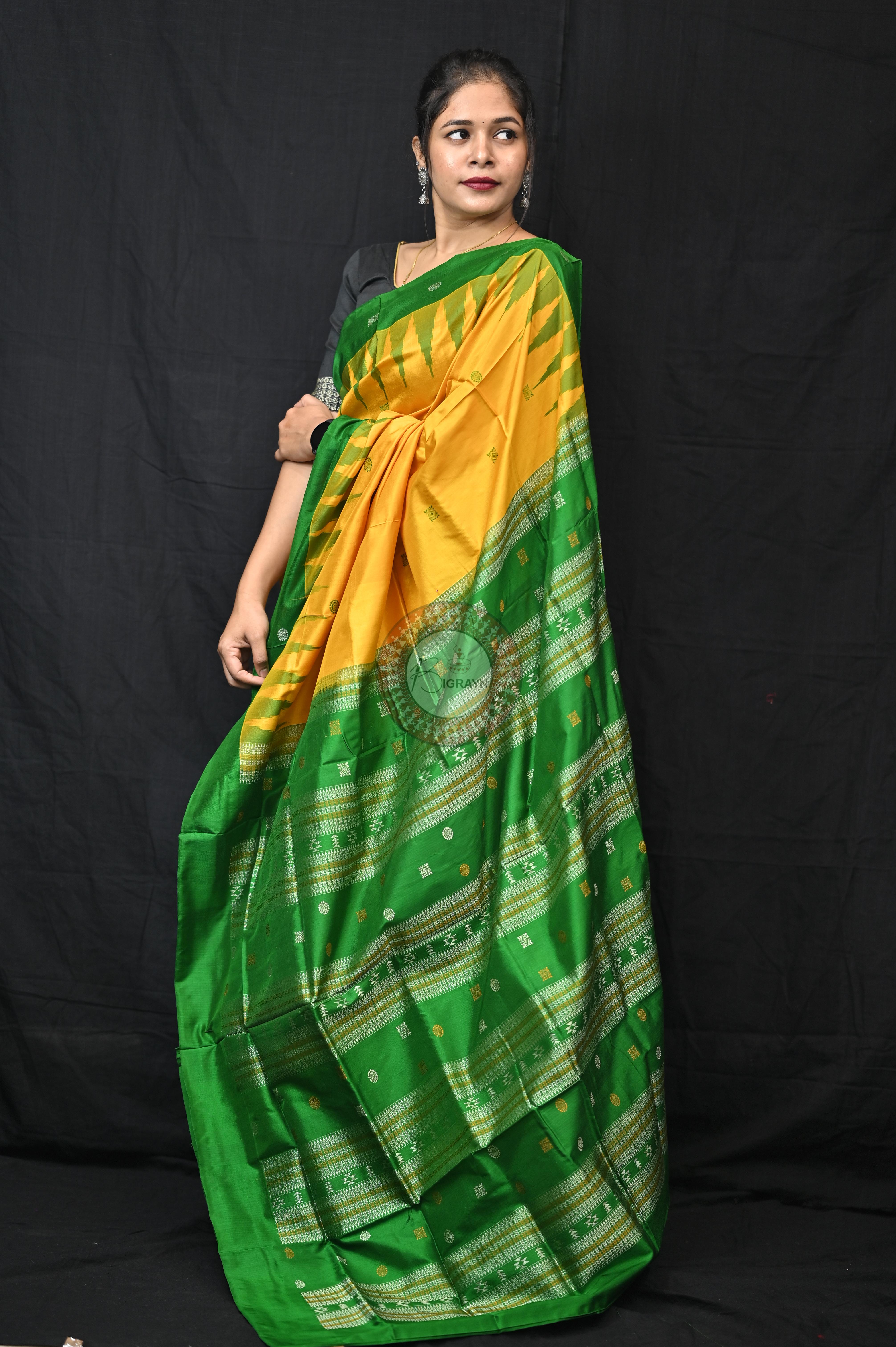 Yellow Green Plain Border Bomkai Silk Saree
