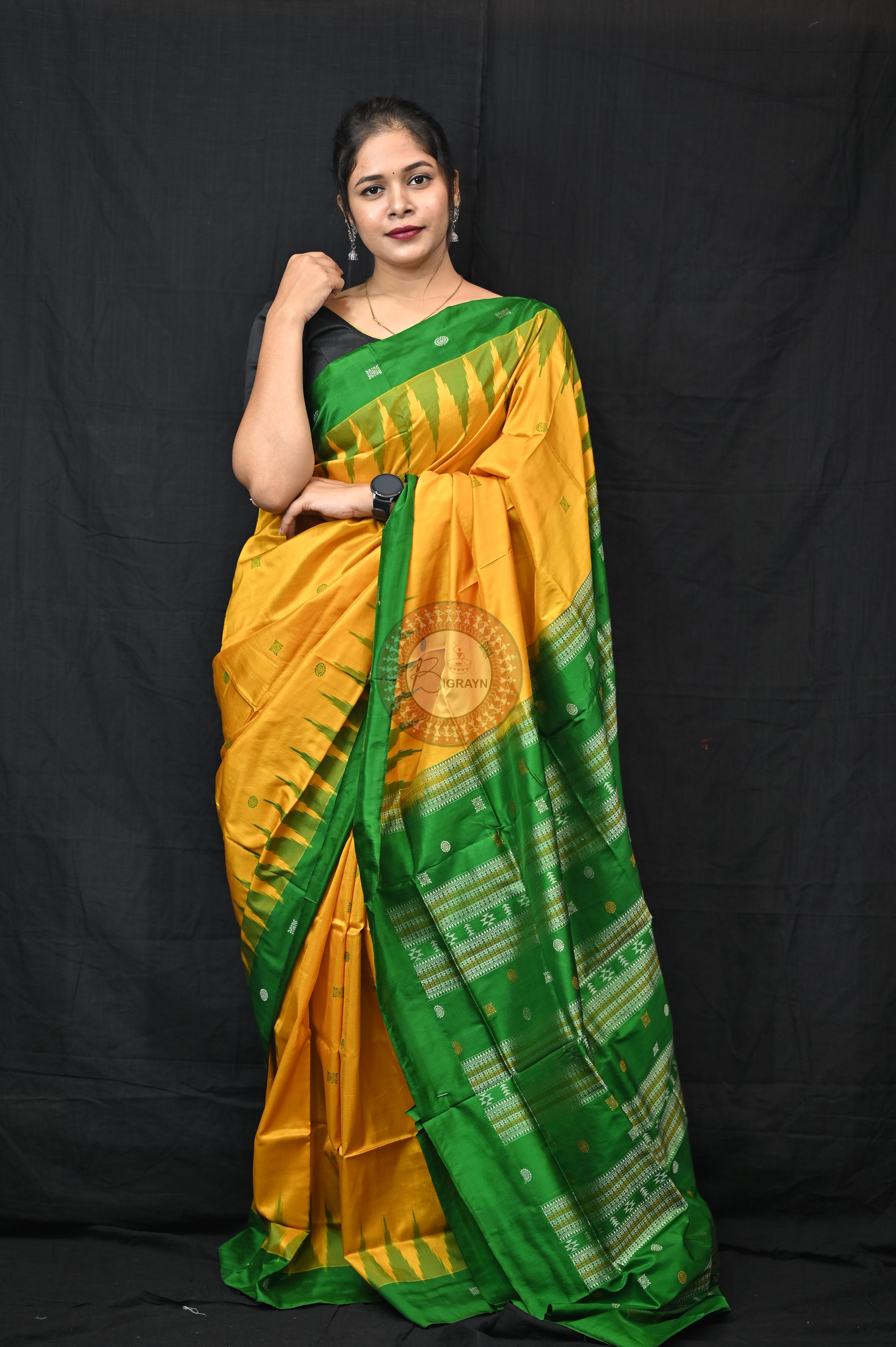 Yellow Green Plain Border Bomkai Silk Saree
