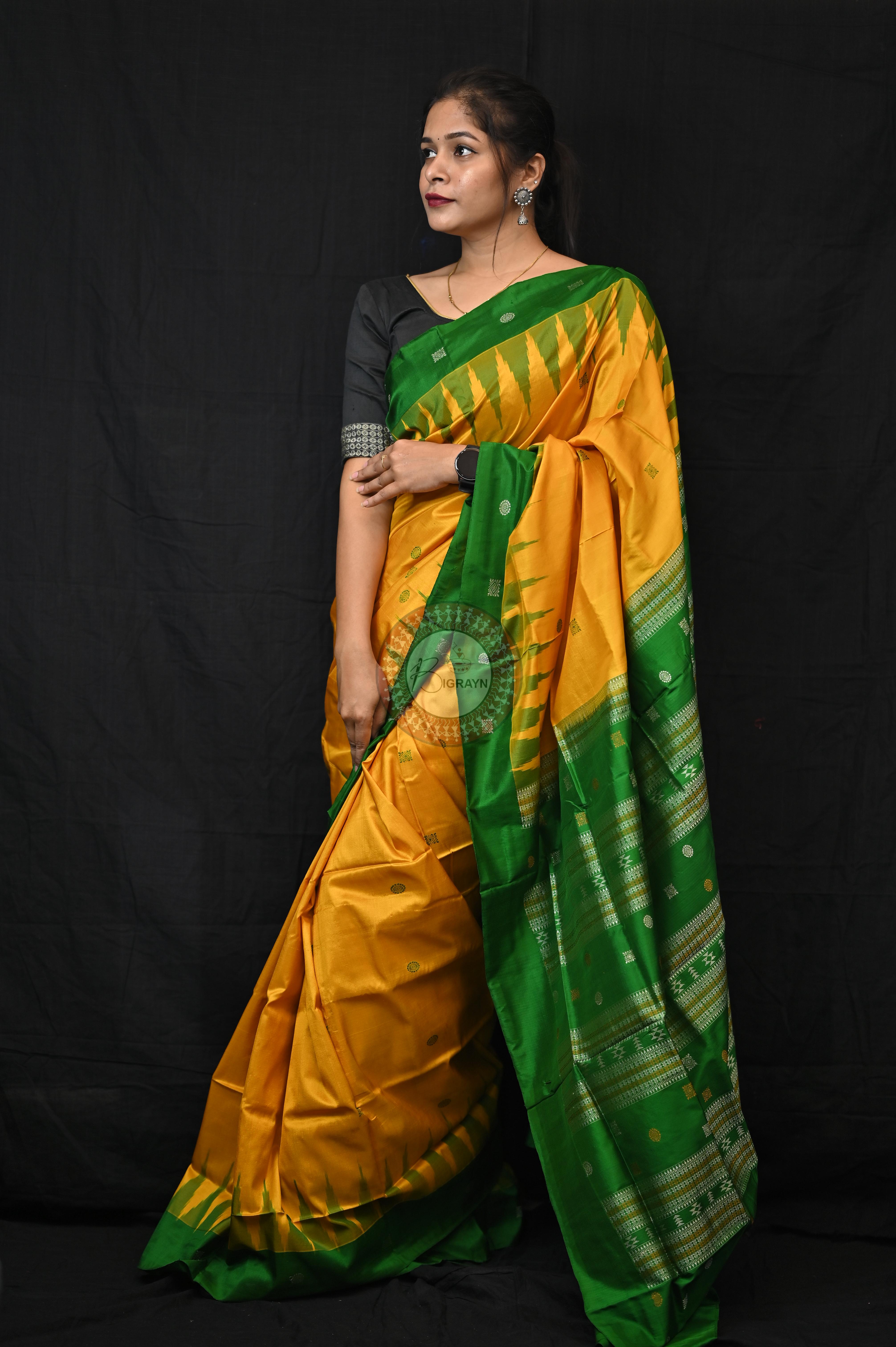 Yellow Green Plain Border Bomkai Silk Saree