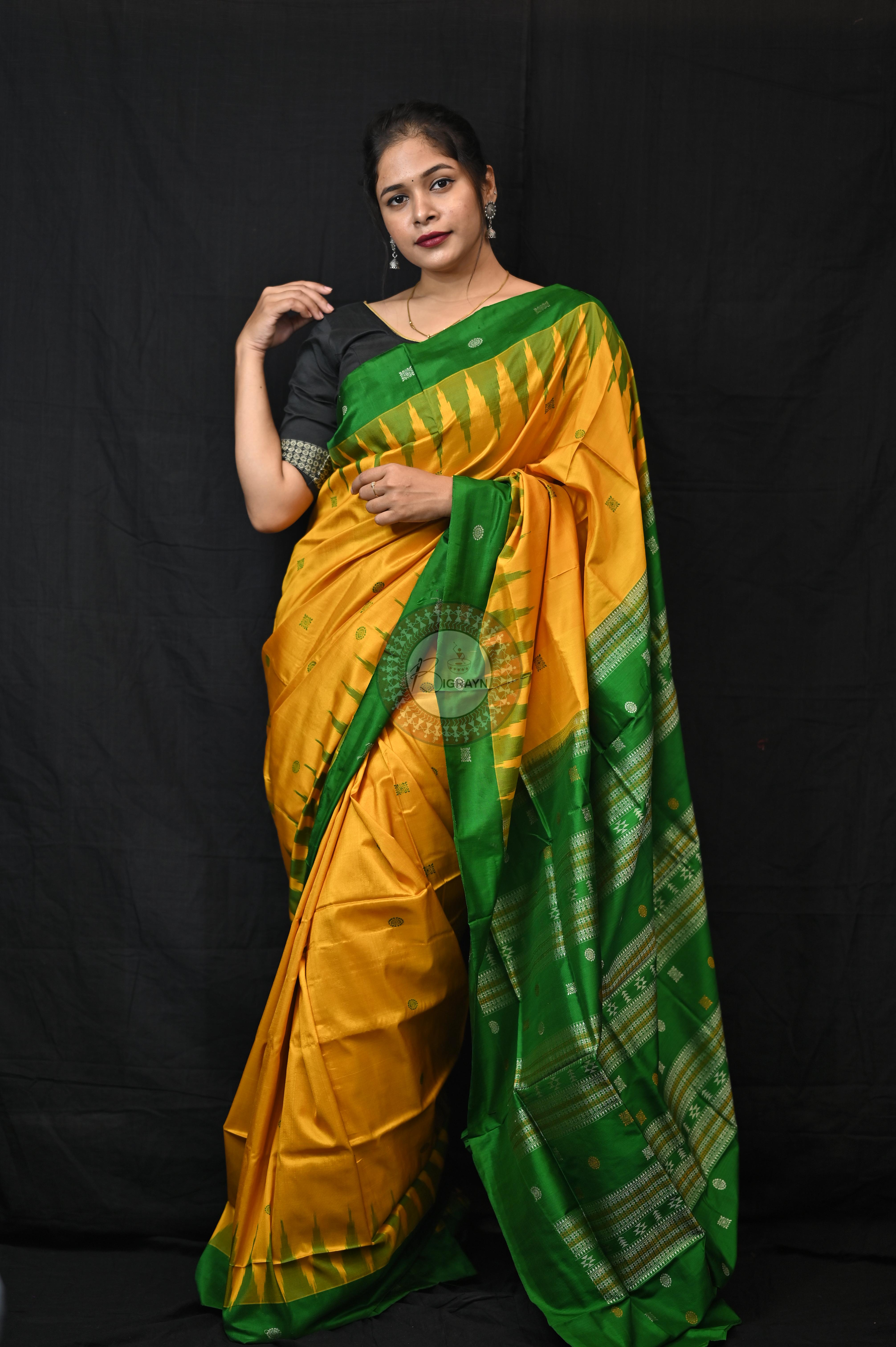 Yellow Green Plain Border Bomkai Silk Saree