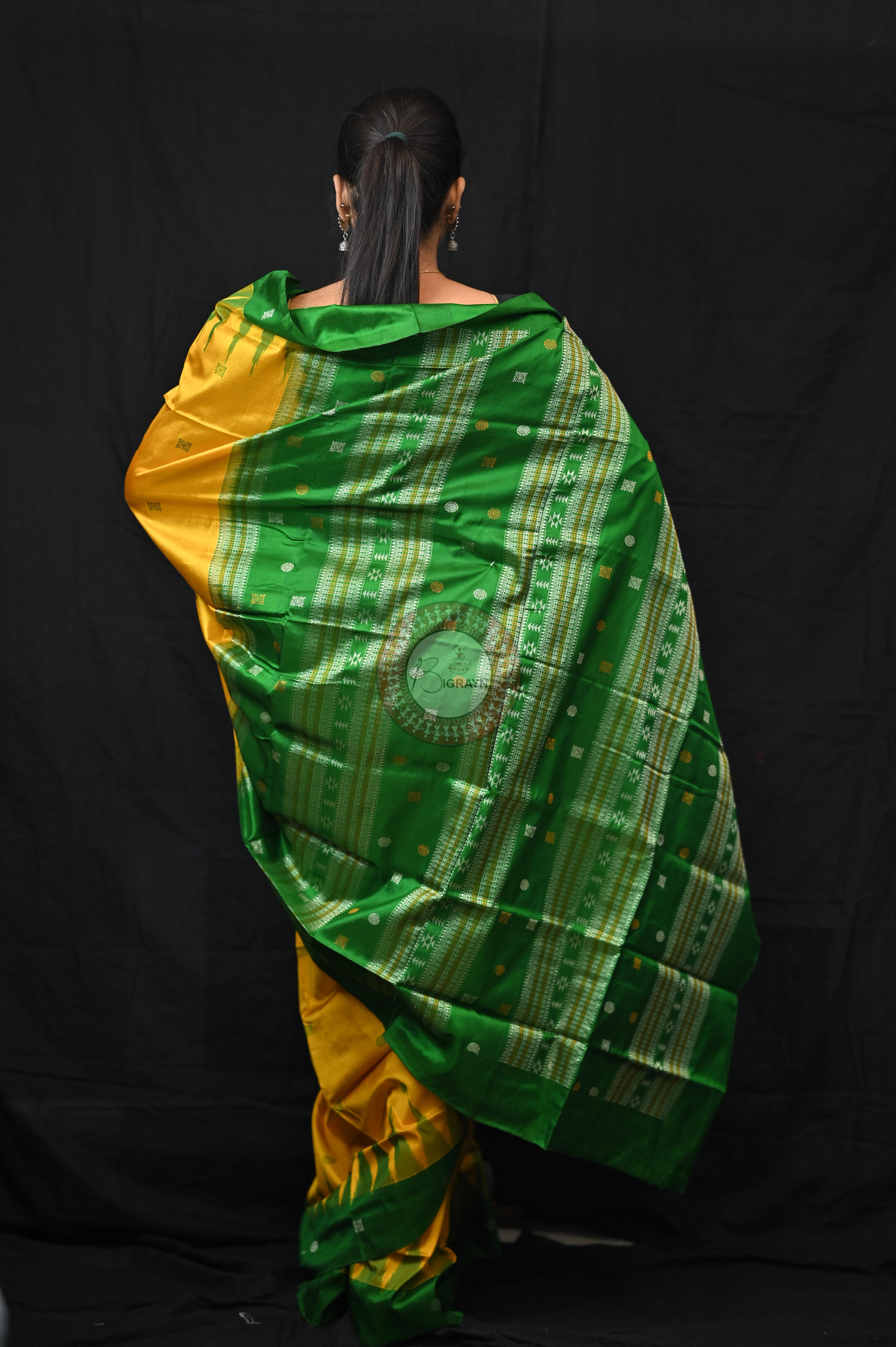 Yellow Green Plain Border Bomkai Silk Saree