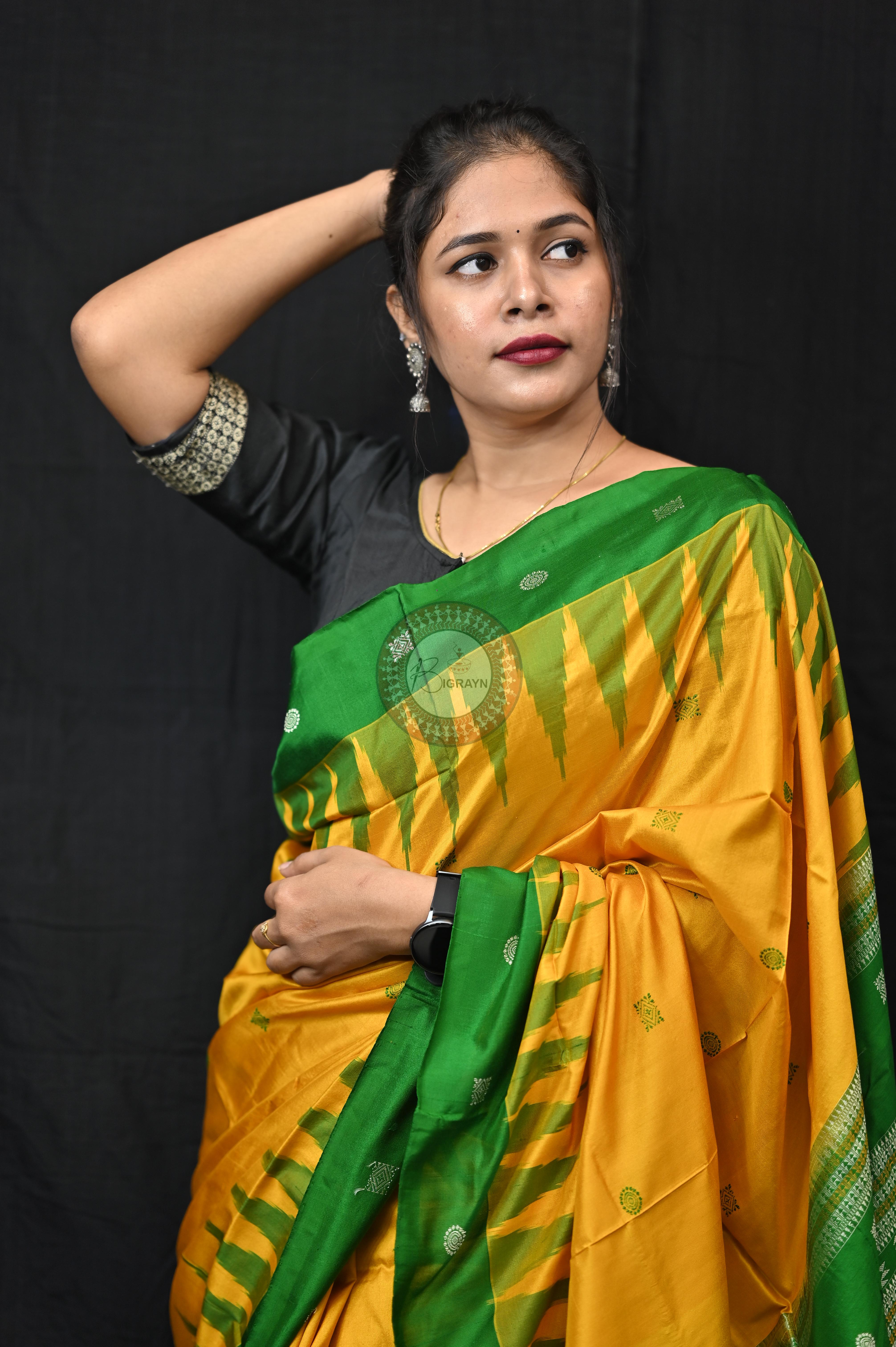 Yellow Green Plain Border Bomkai Silk Saree