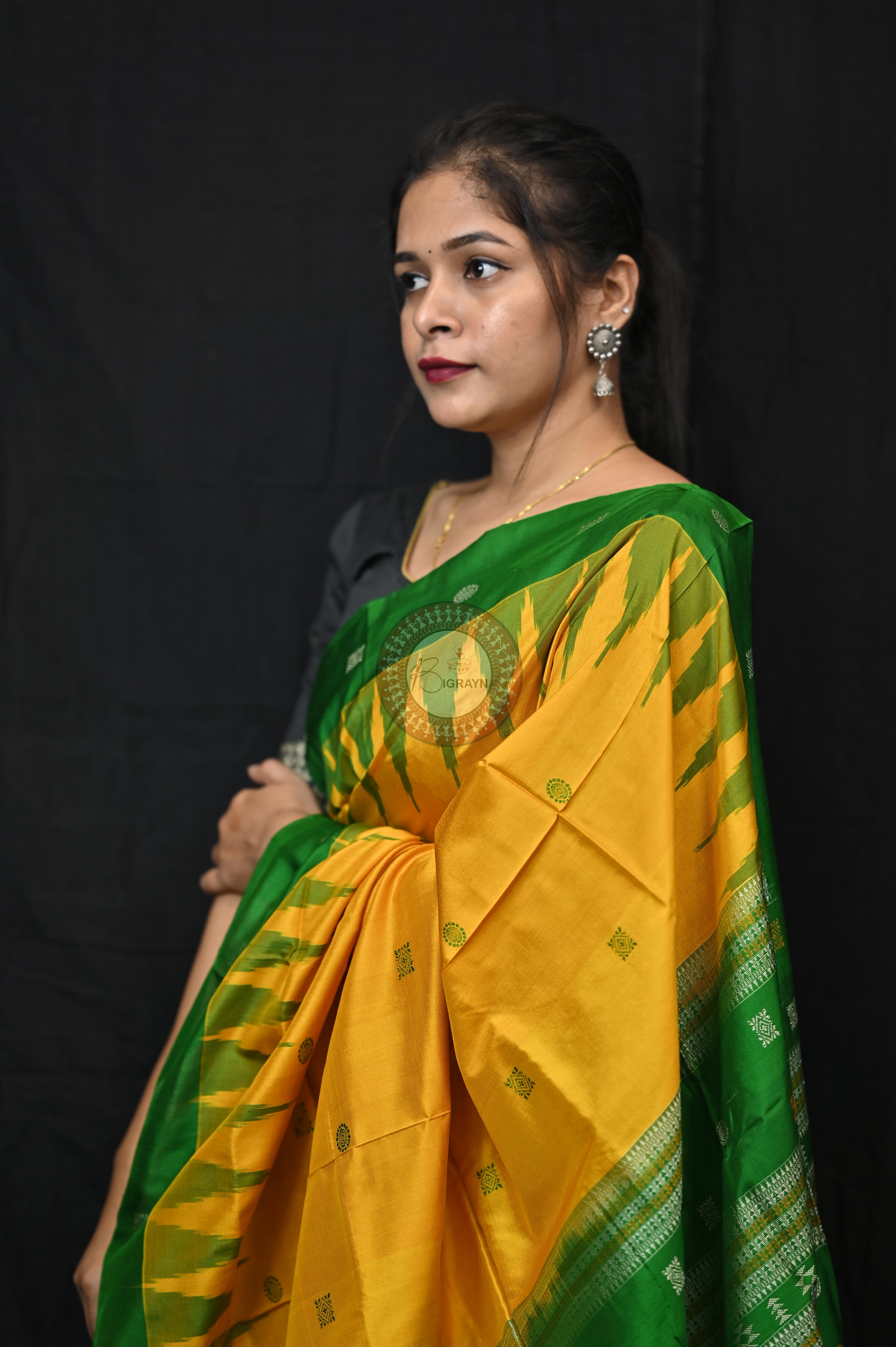 Yellow Green Plain Border Bomkai Silk Saree