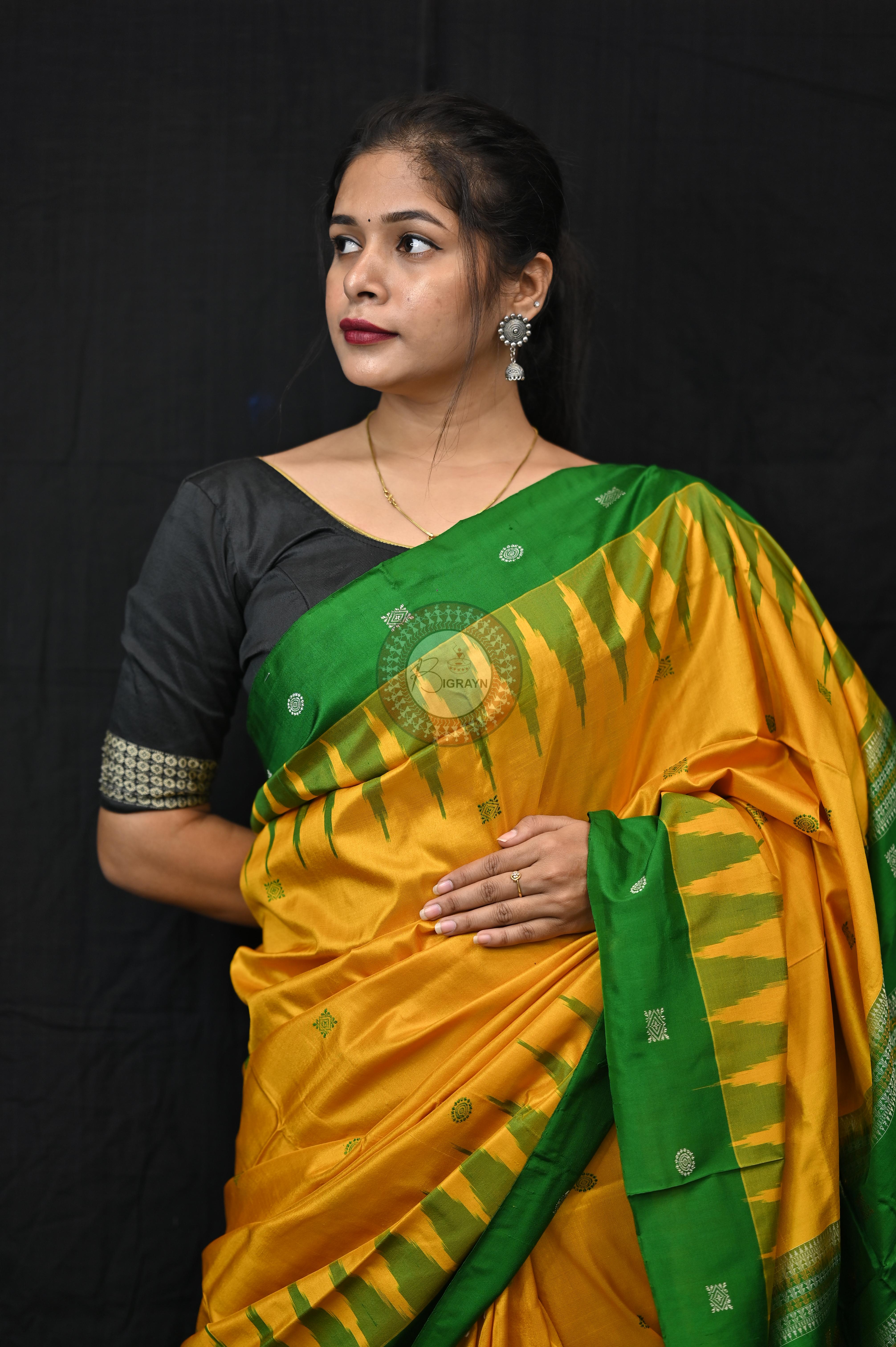 Yellow Green Plain Border Bomkai Silk Saree