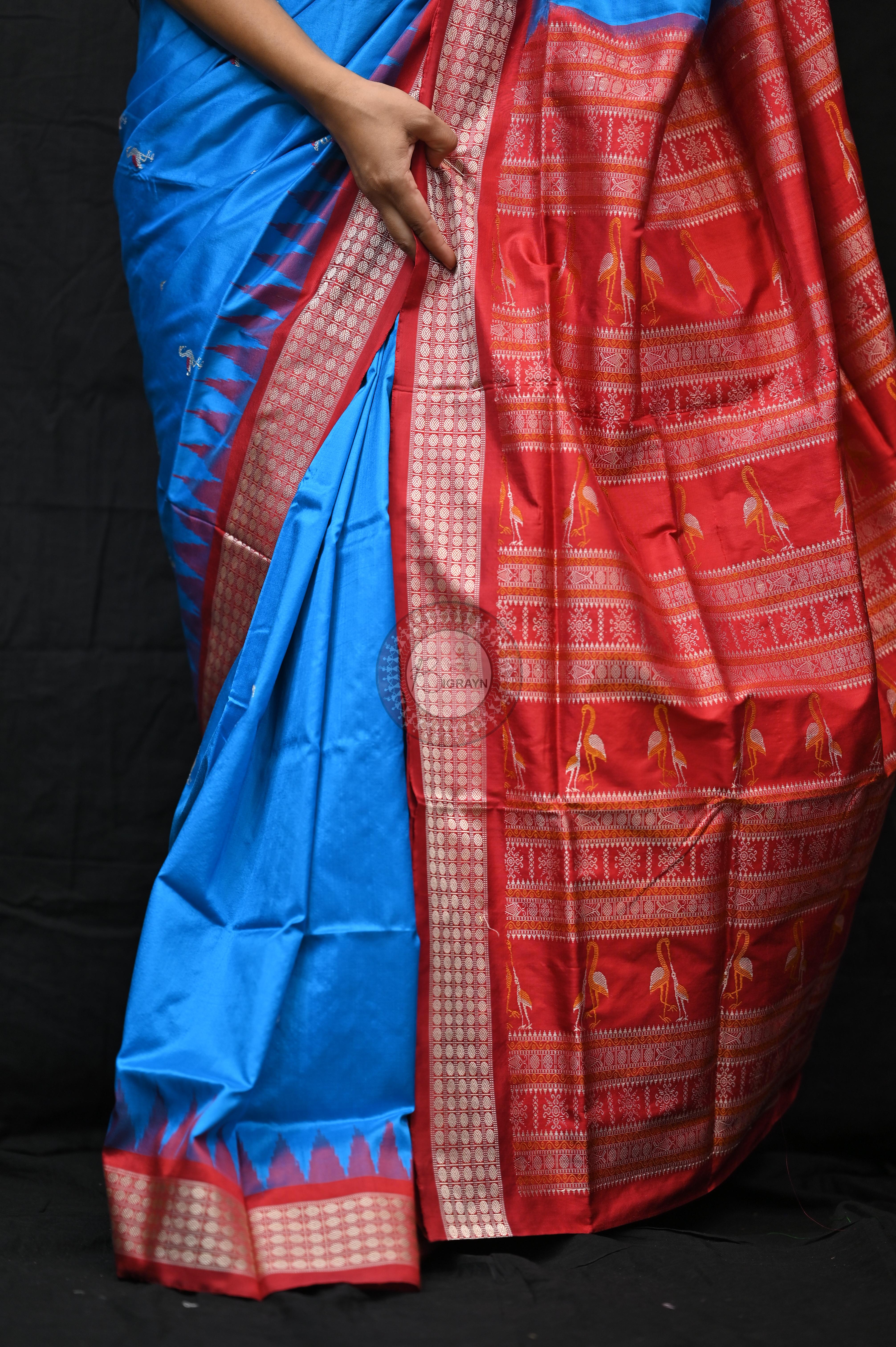 Blue Red Small Flamingo Bomkai Silk Saree