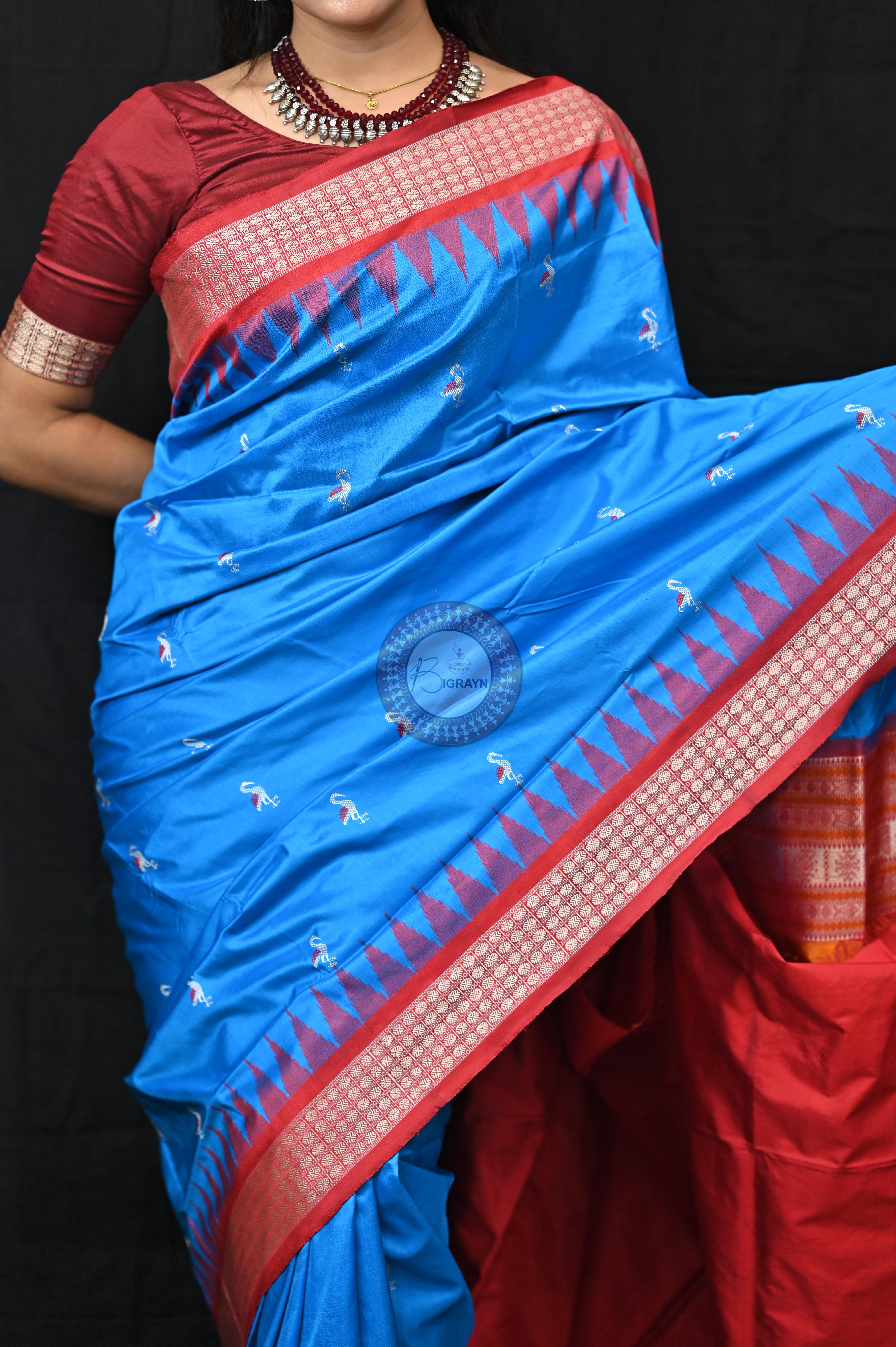 Blue Red Small Flamingo Bomkai Silk Saree