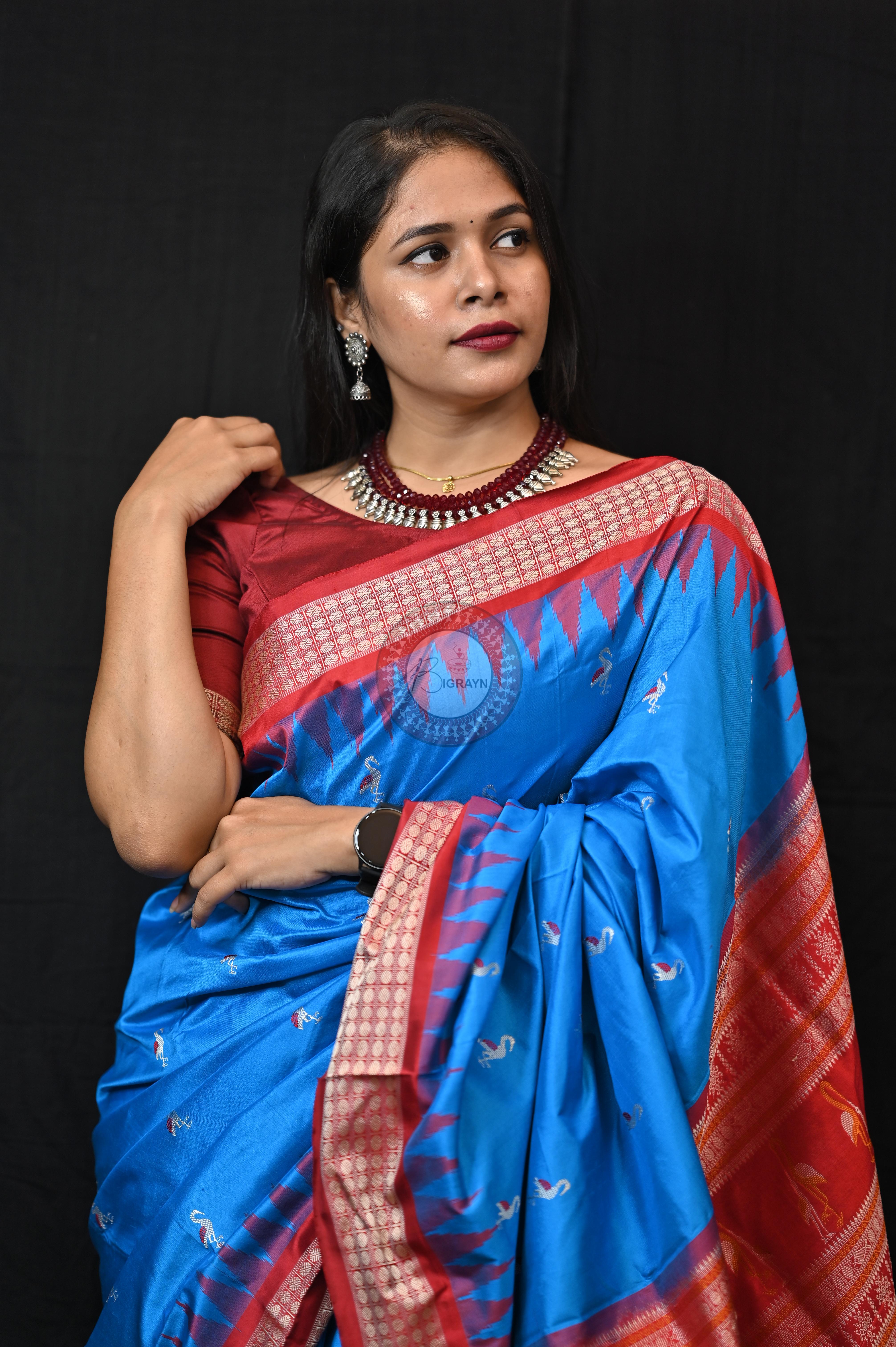 Blue Red Small Flamingo Bomkai Silk Saree
