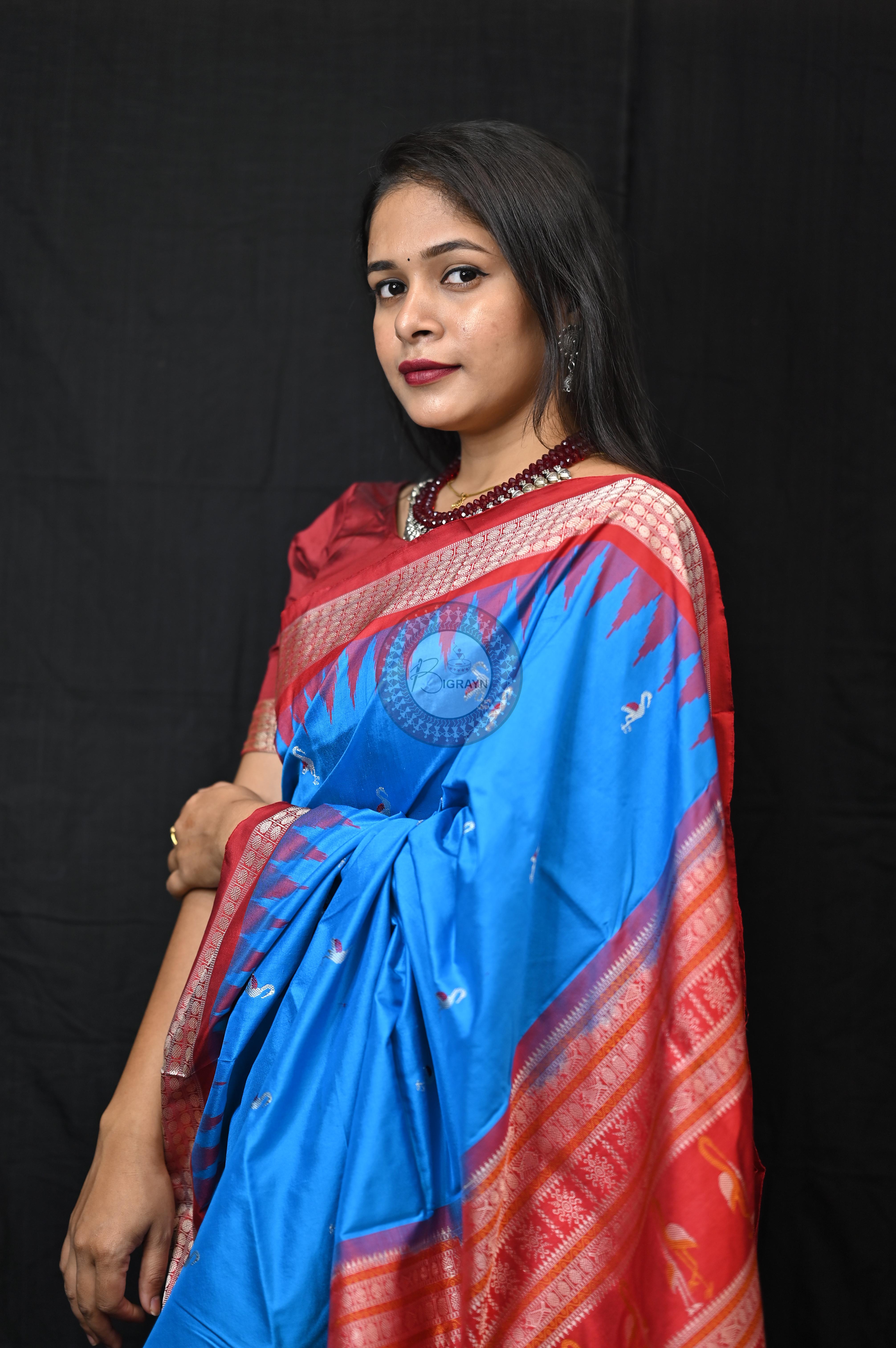 Blue Red Small Flamingo Bomkai Silk Saree