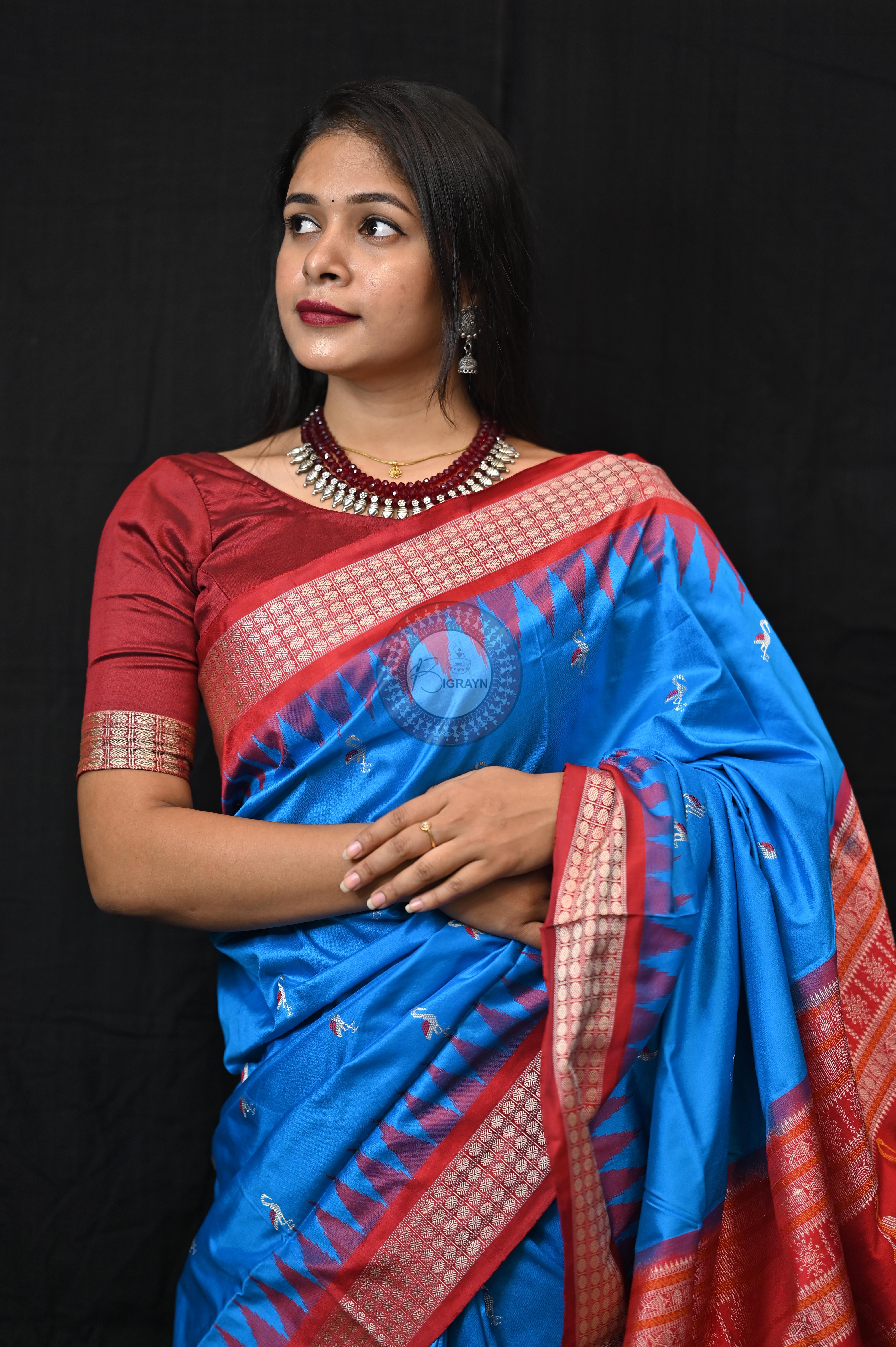 Blue Red Small Flamingo Bomkai Silk Saree
