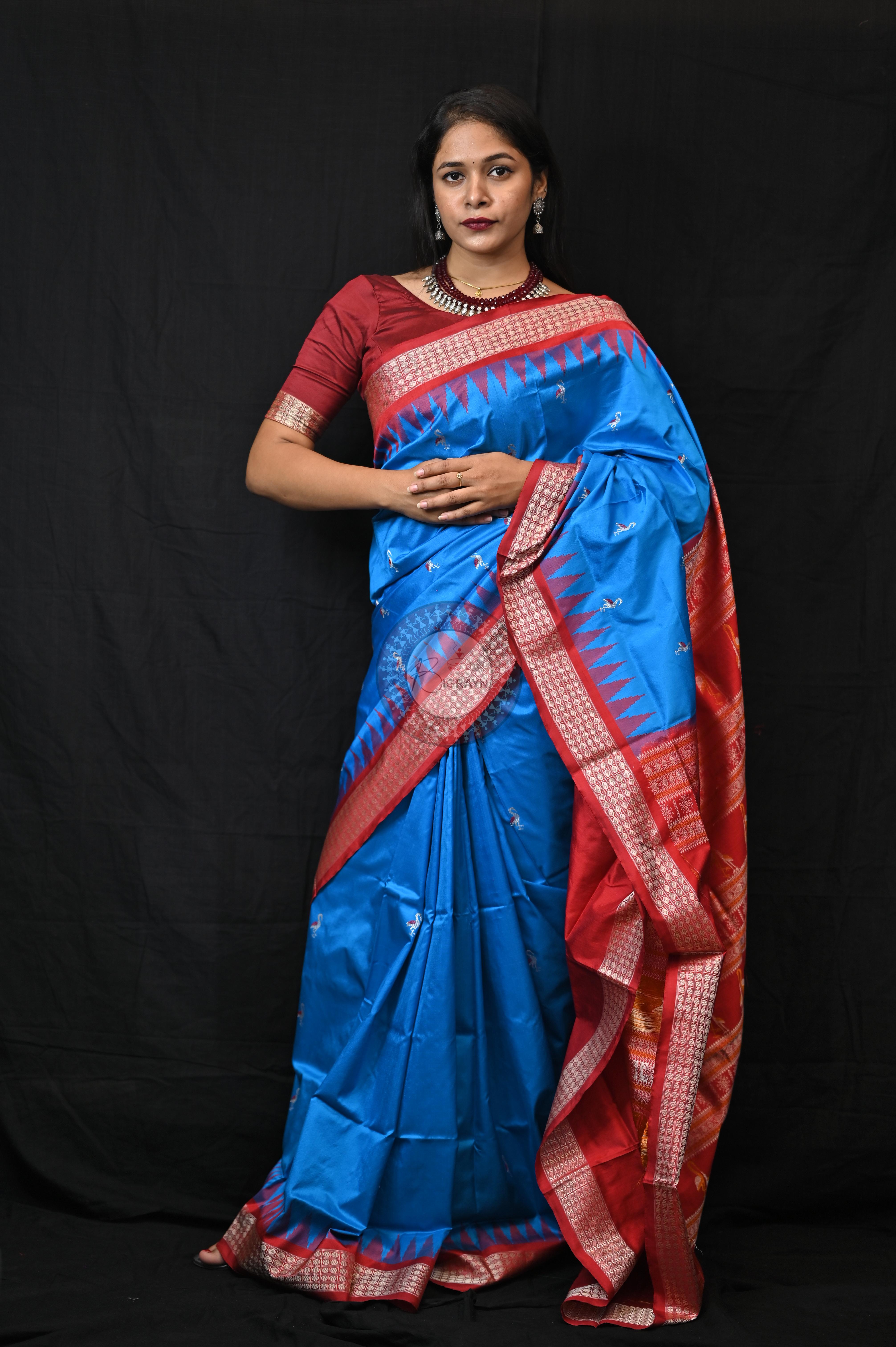 Blue Red Small Flamingo Bomkai Silk Saree
