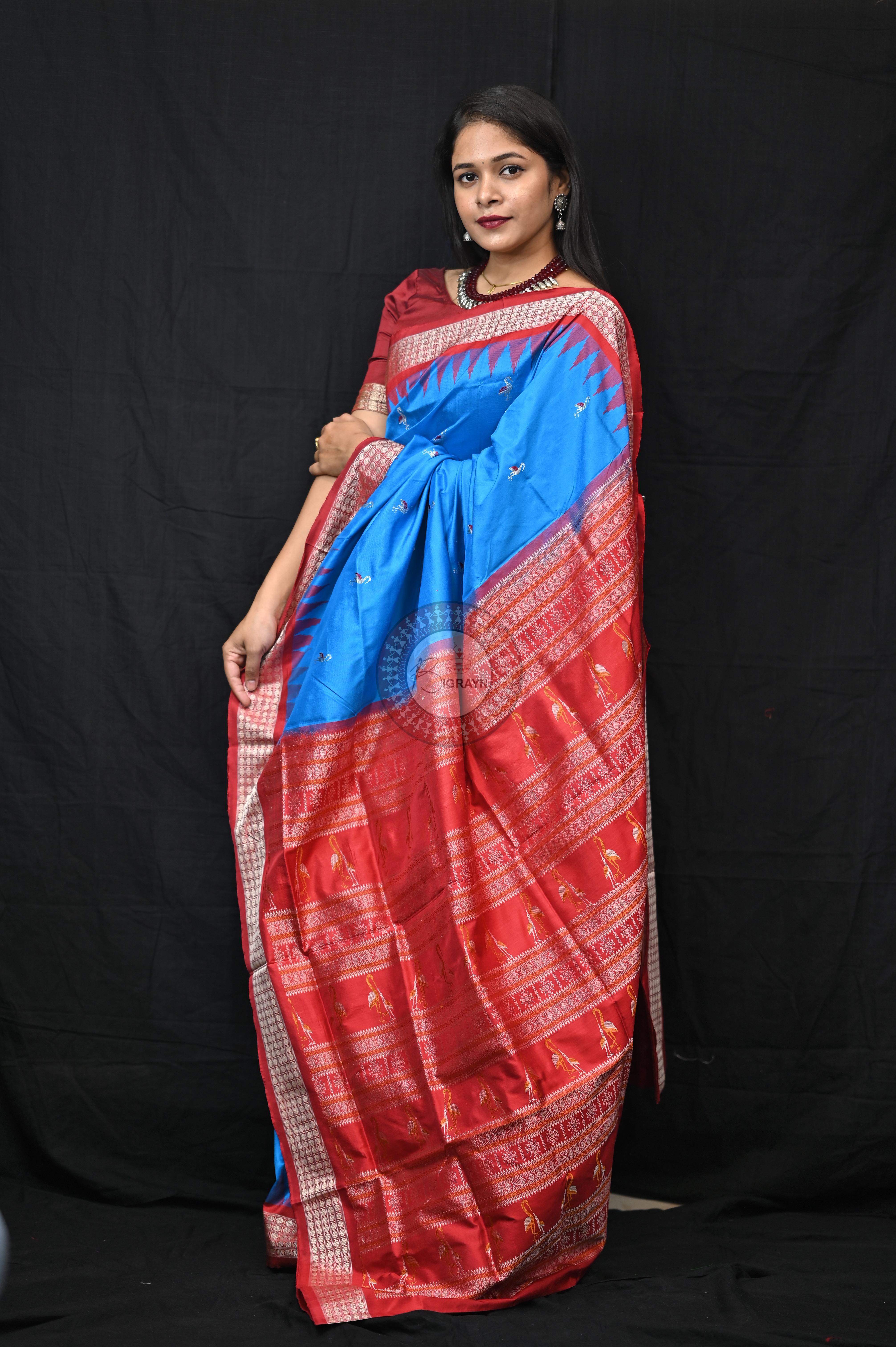 Blue Red Small Flamingo Bomkai Silk Saree