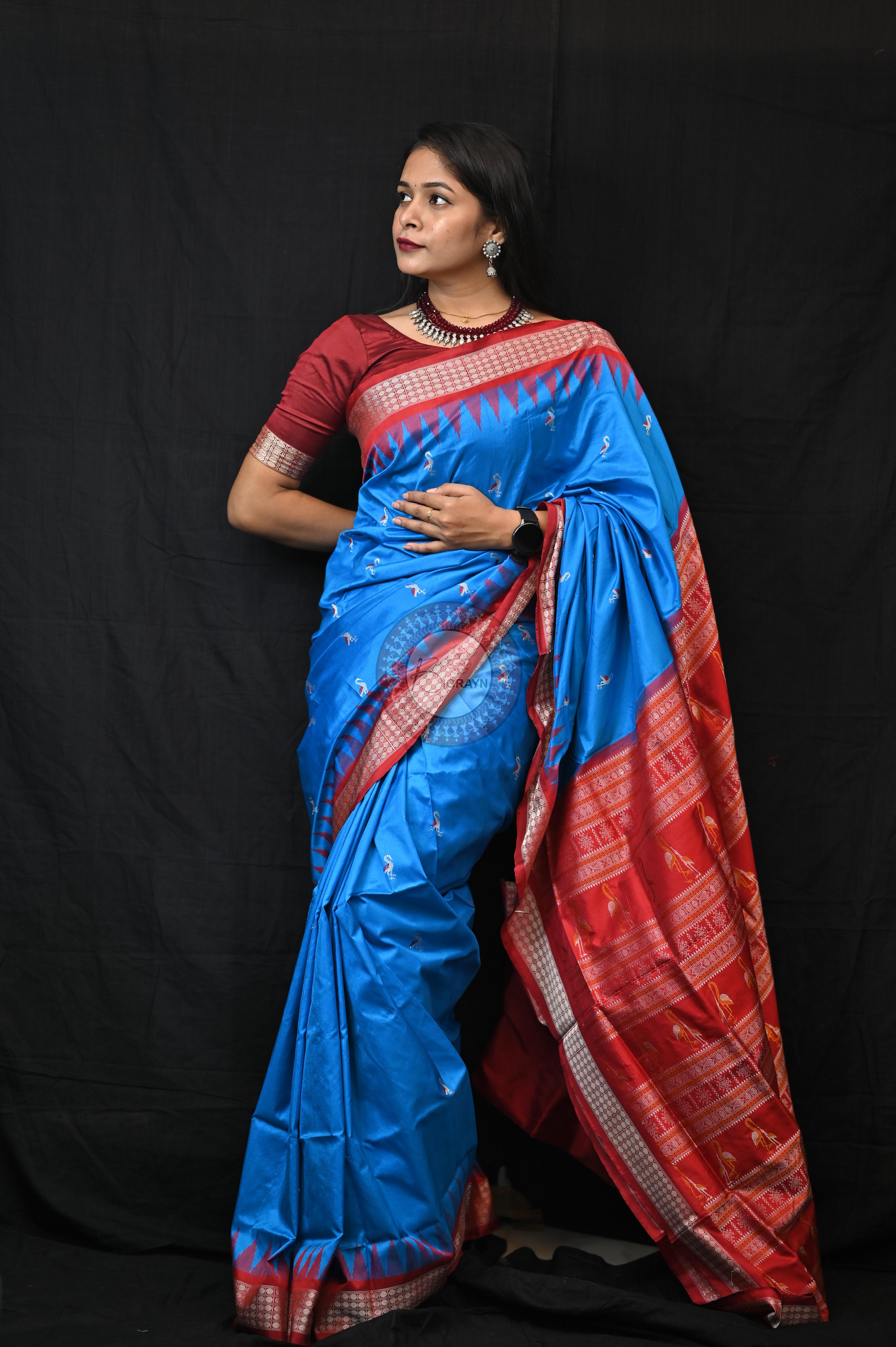 Blue Red Small Flamingo Bomkai Silk Saree