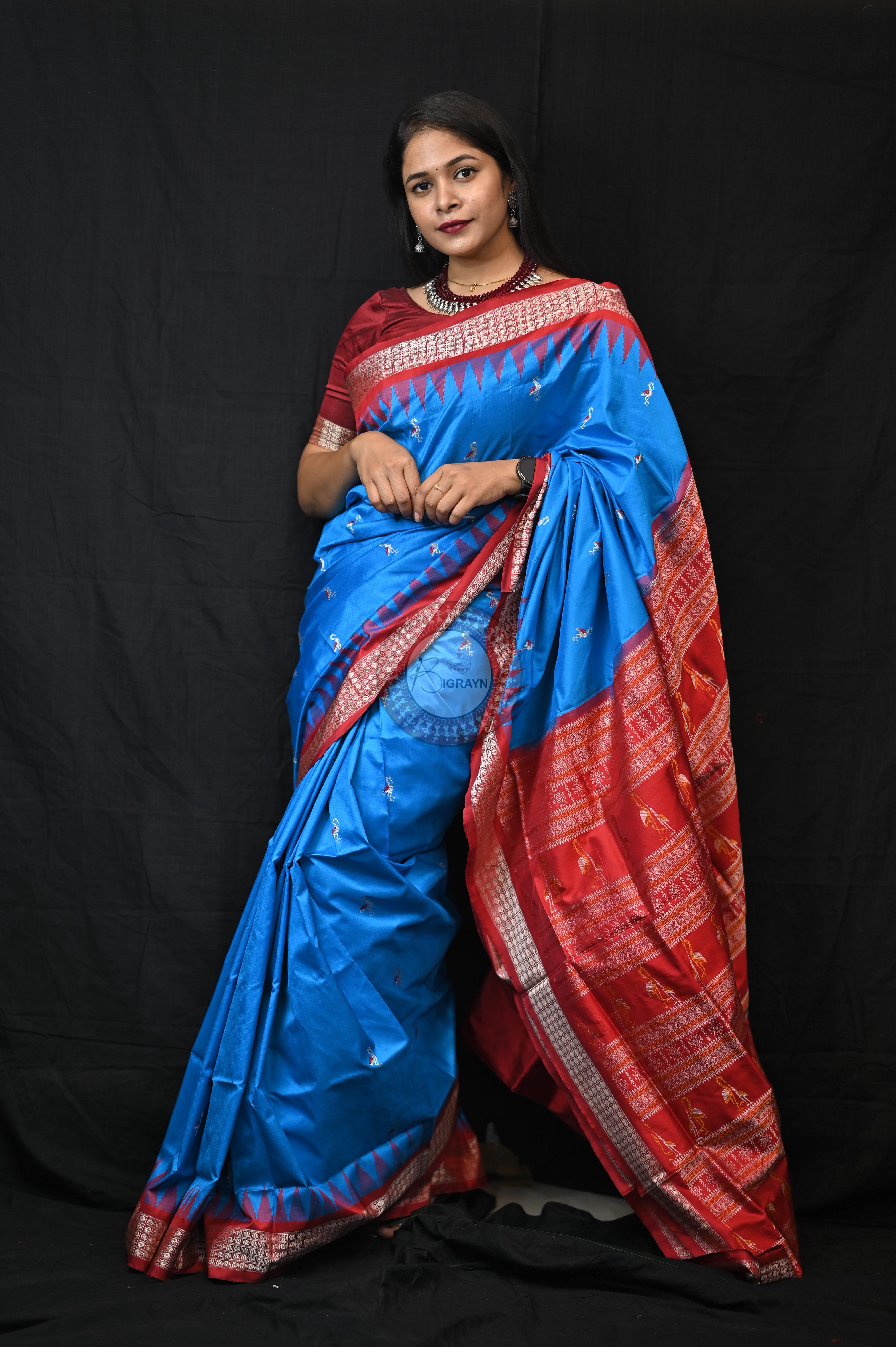 Blue Red Small Flamingo Bomkai Silk Saree