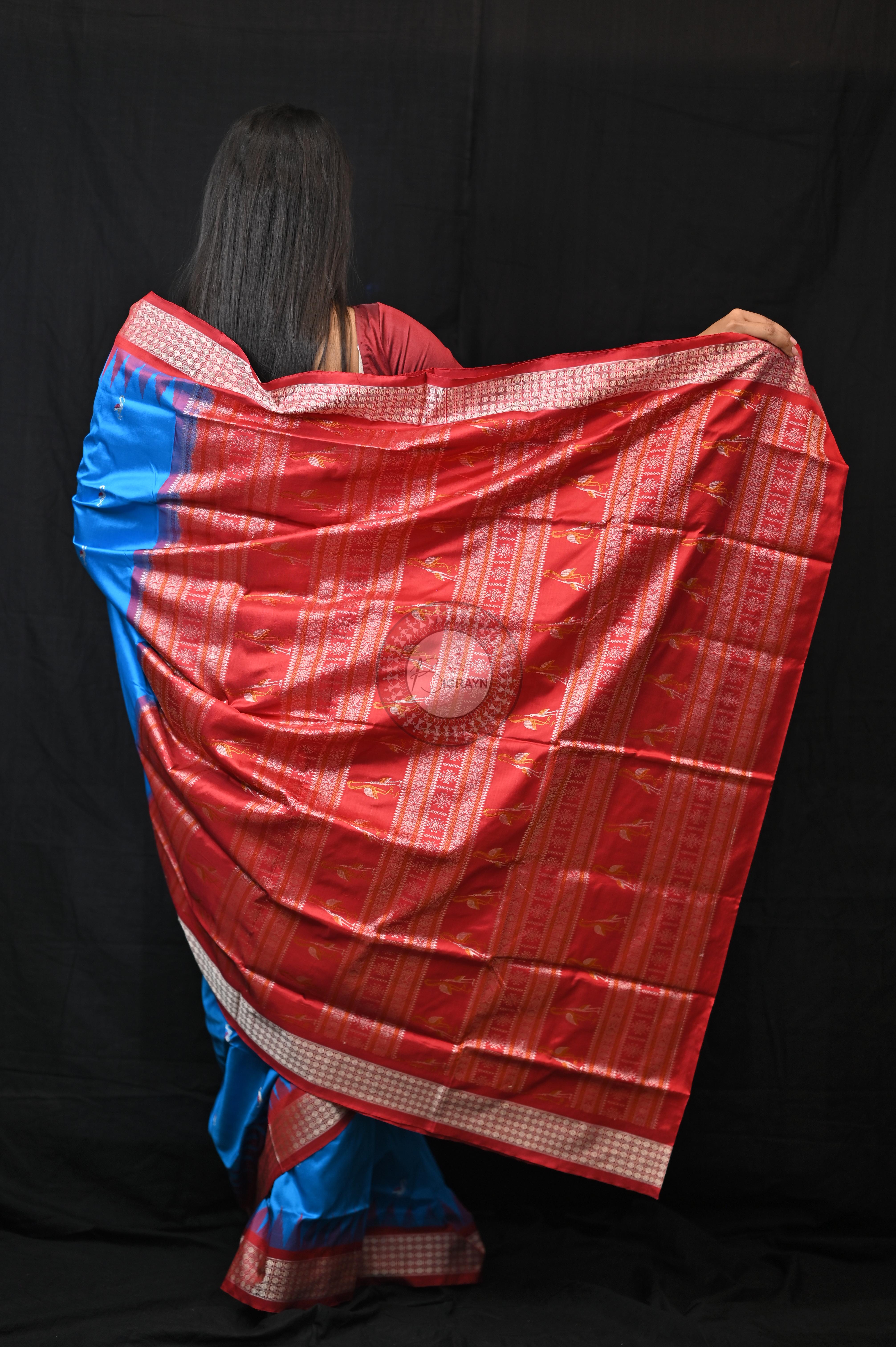 Blue Red Small Flamingo Bomkai Silk Saree