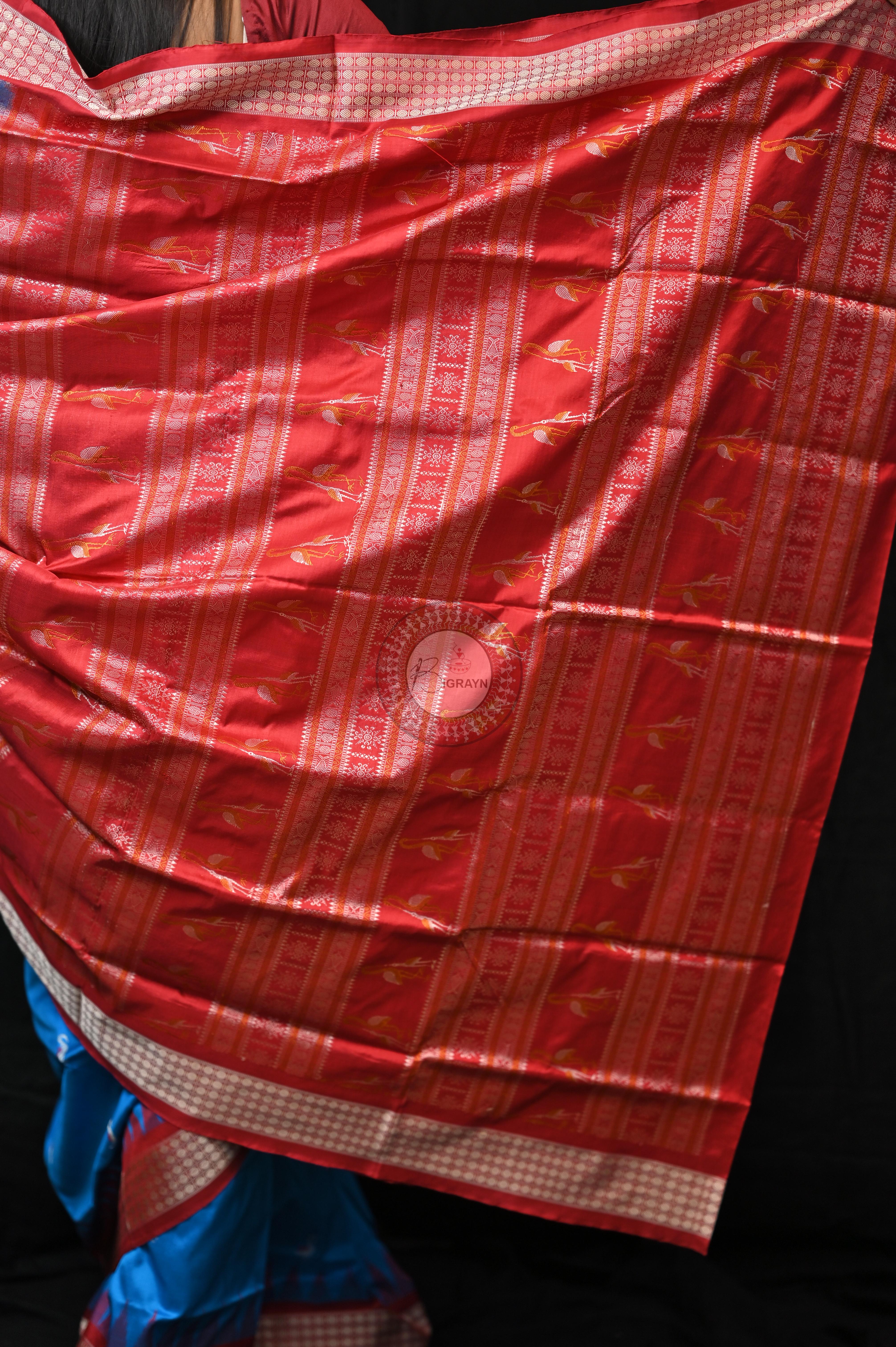 Blue Red Small Flamingo Bomkai Silk Saree