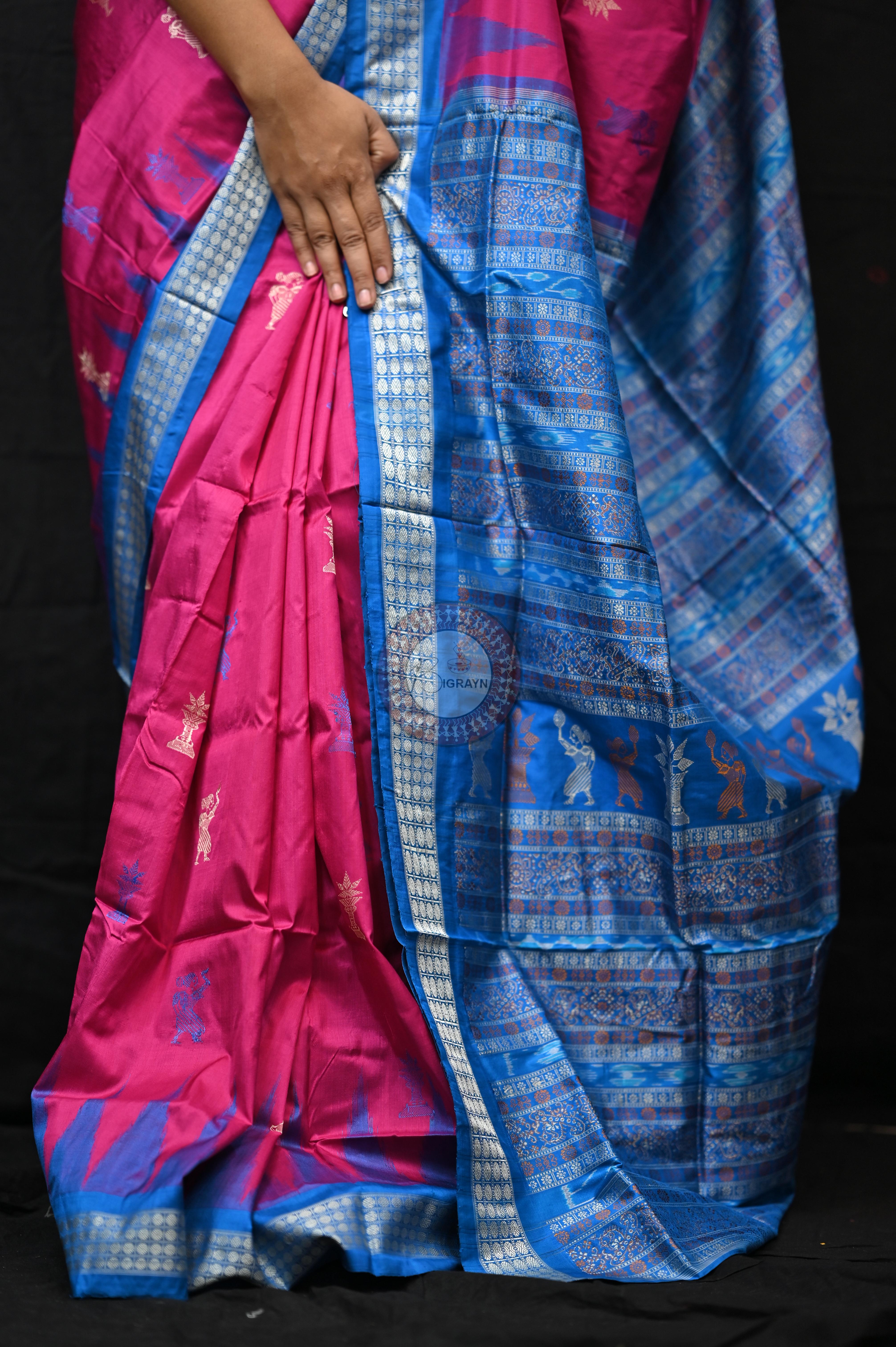Magenta Blue Tribal Tulsi Leaves Bomkai Silk Saree
