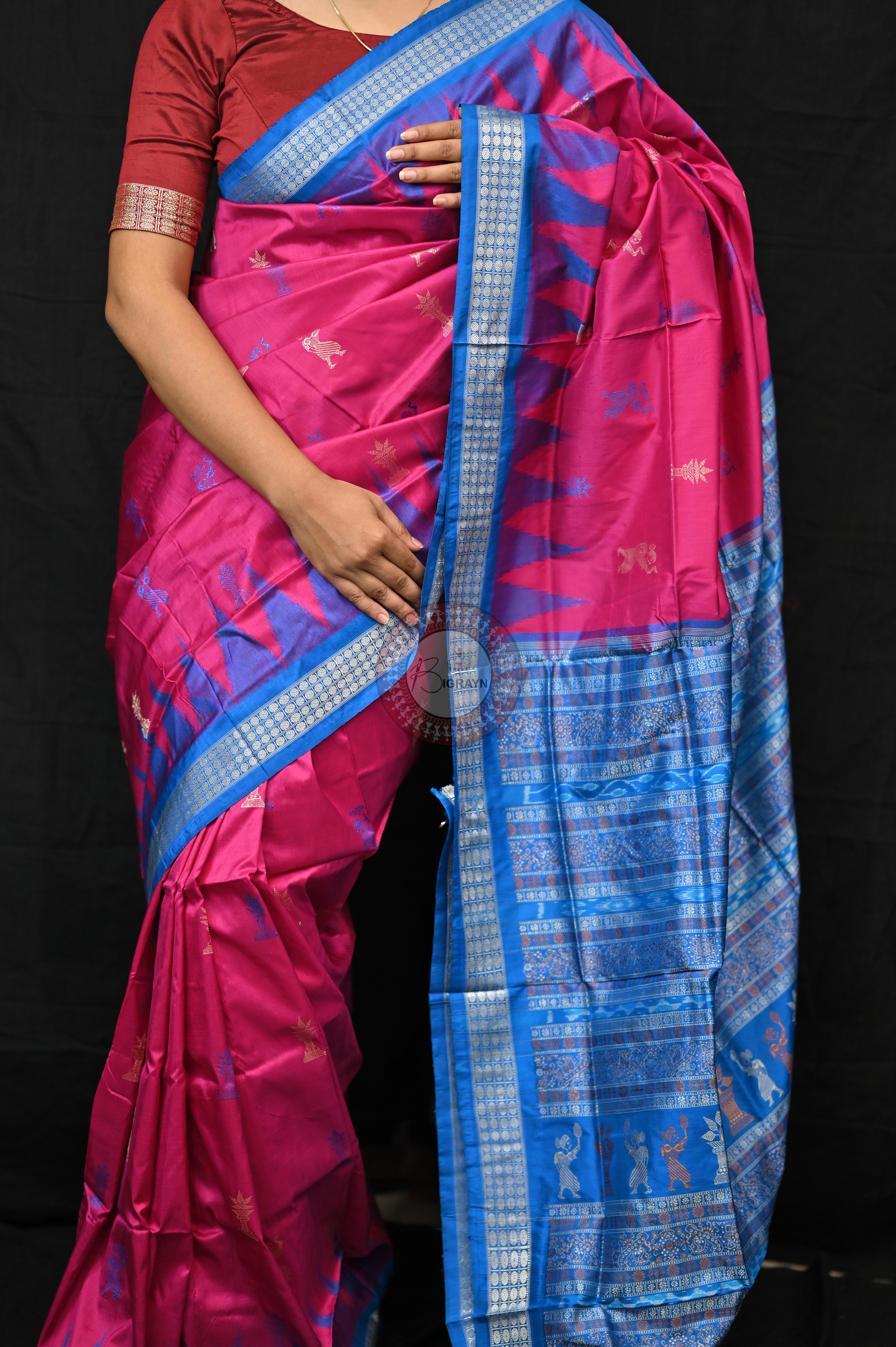 Magenta Blue Tribal Tulsi Leaves Bomkai Silk Saree